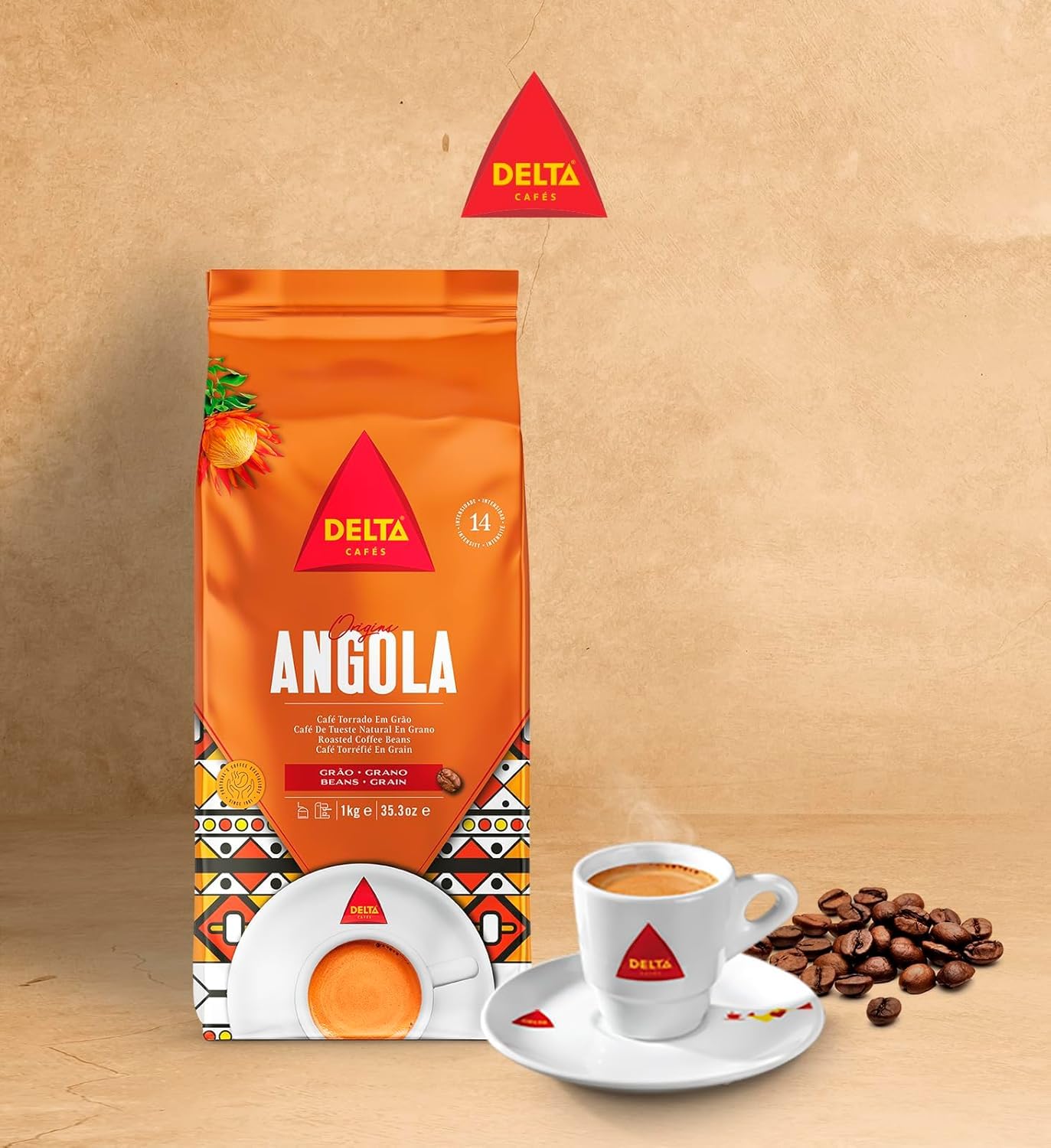 Delta Cafés - Café en Grano Angola - 2 Paquetes de 1 Kg - Intensidad 13 - Mezcla de Granos de Arábica y Robusta Notas Dulces: Caramelo, Azúcar Quemado y Vainilla