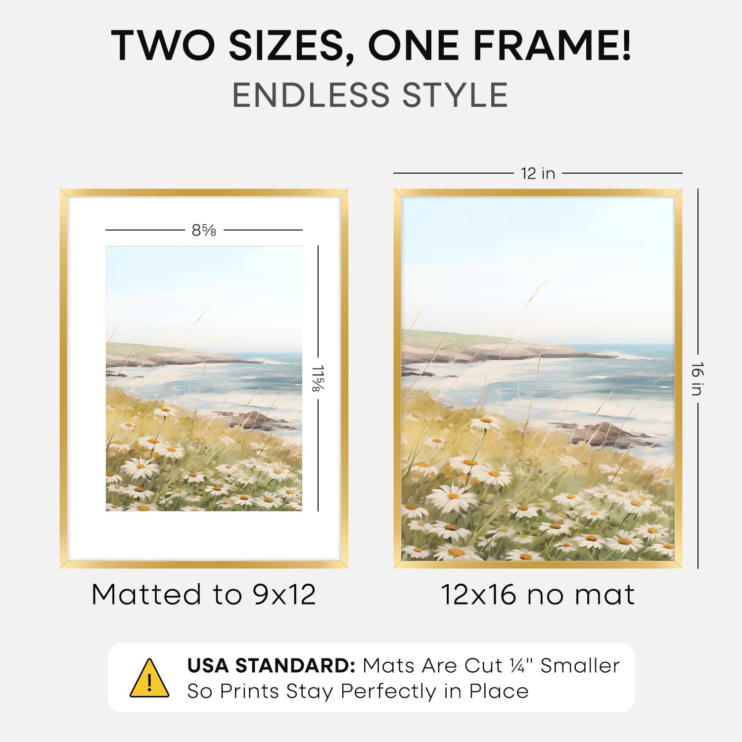 Homeforia 12x16 Picture Frame Gold, High End Metal 12x16 Poster Frames with Mat 9x12 for Photo, 12 x 16 Gold Frame Matted to 9 by 12 Print, 16x12 Thin Hanging Frame, Tempered Glass, Wall Kit, Set of 1