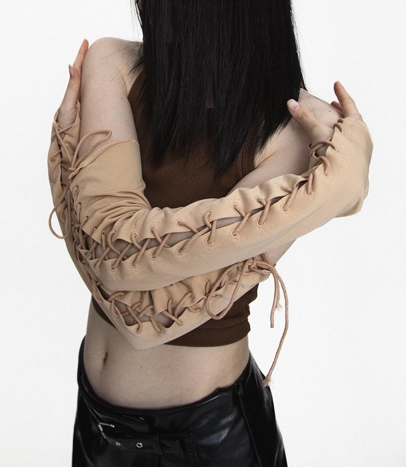 Fingerless Lace Up Long Gloves Solid Color Fashion Sexy Stretch Leg Warmers Soft Elbow Length Arm Accessories