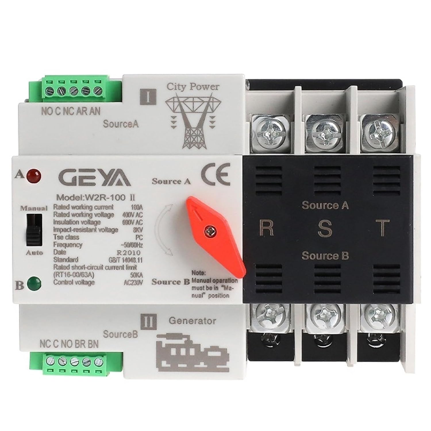W2R-3P Din Rail Mounted Automatic Transfer Switch Three Phase ATS 63A 100A Power Transfer Switch(W2R-3P-110V,3P 100A)