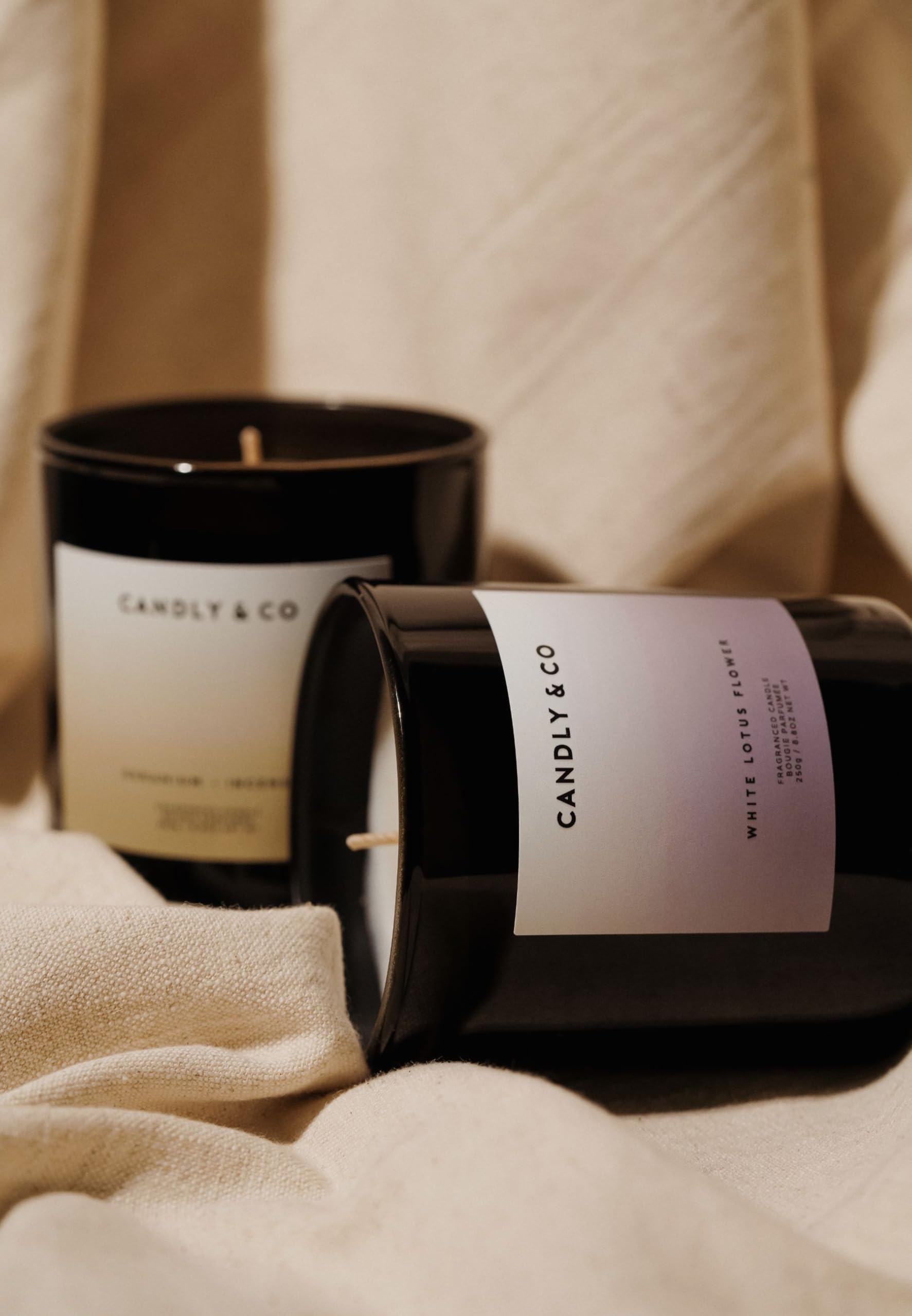 Candly&Co n. 8 Fiore di Loto Bianco/Candela profumata di lusso/ 100% soia/Vetro fumé/Stoppino di cotone/ 250g/ Fiore di Loto, Uva, Ribes, Muschio, Foglie Verdi/Fatto a mano nell'UE