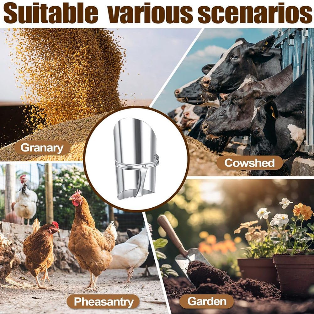 Metall-Futterschaufel für Nutztiere, 2 Größen, robust, stapelbar, Pferdefutterschaufel mit Griff, für Gartenarbeit, Bauernhöfe, einfach zu bedienen, Silber, 2 Stück