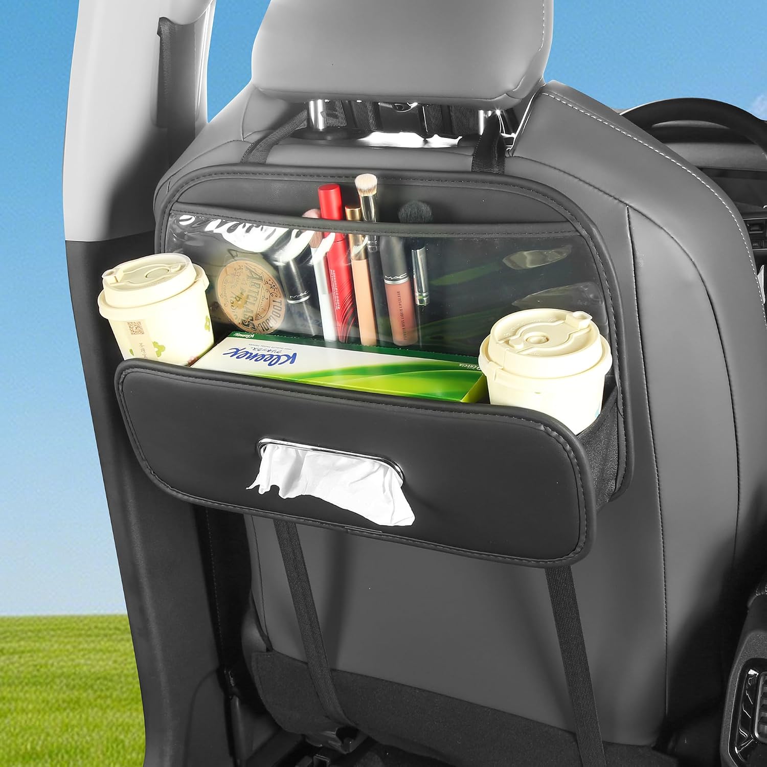 Back Seat Car Organizer, 4 in 1 Multifunctional Headrest Backseat Storage with Cup Holder Tissue Box, Universal for SUV, Sedan, Truck, Auto Drink Snack Phone Tray Travel Accessories
