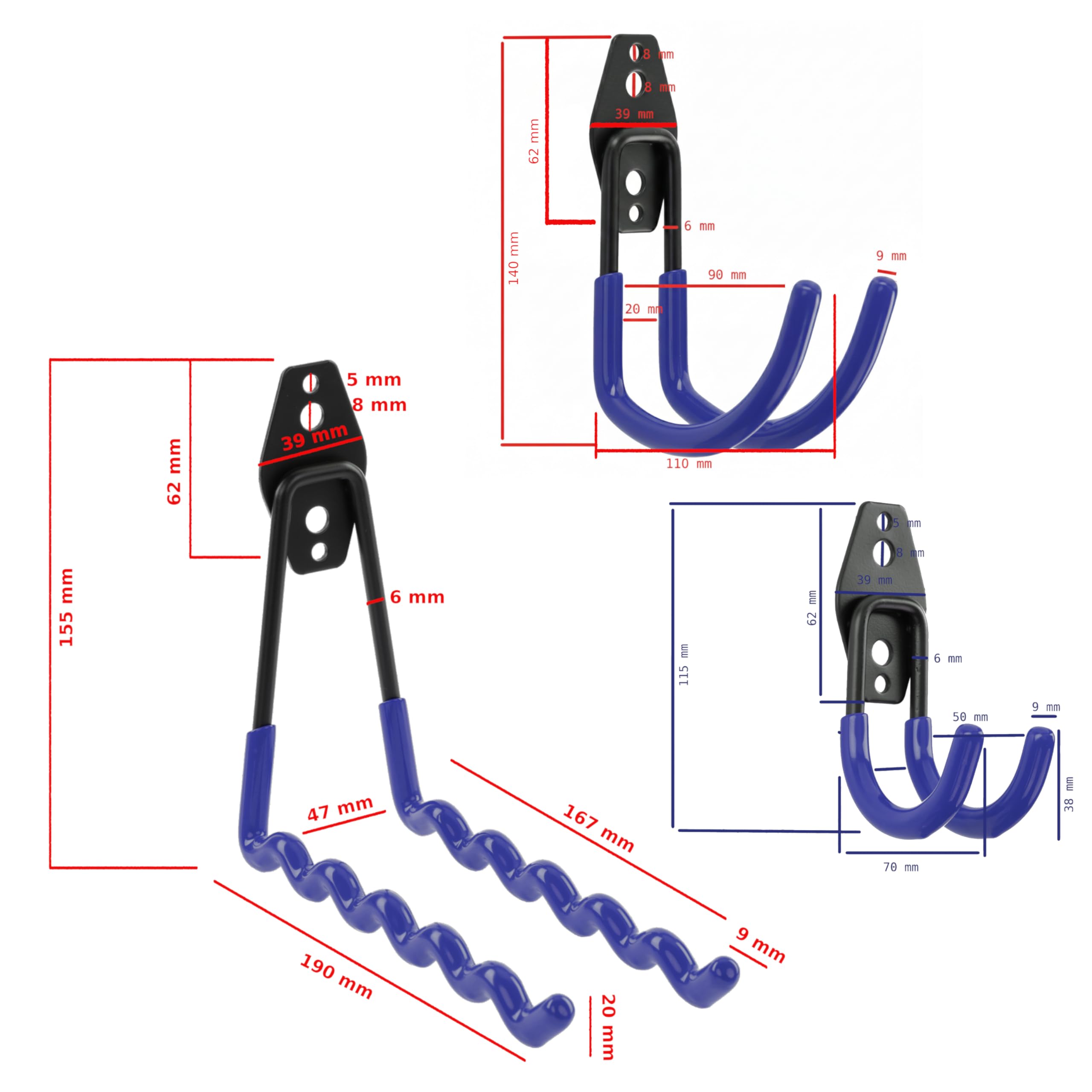 botle Set di 14 ganci per attrezzi Qbrick per utensili dritti e a forma di U S, M, L, in acciaio con PVC, garage, officina, utensili elettrici, doppio gancio, portata fino a 30 kg