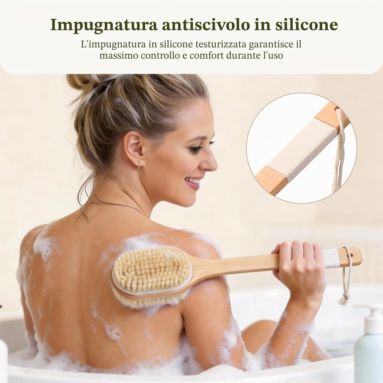 Blendura Spazzola Schiena Doccia Manico Lungo, Spazzola Corpo Bagnato e Asciutto Setole Morbide Esfoliante Corpo, Lunghezza 43 cm