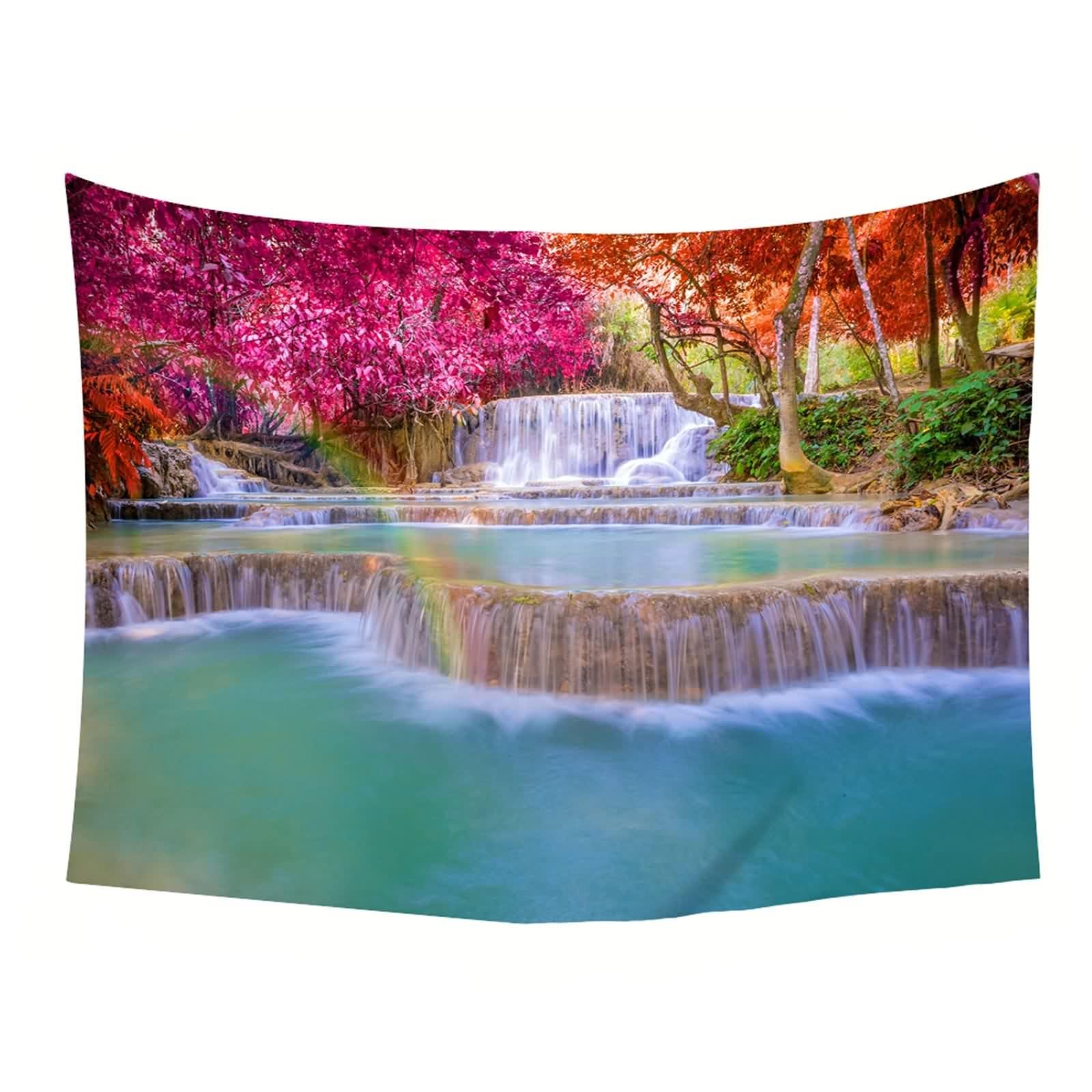 KnSam Dywan ścienny, wodospad, klon, drzewo 300 x 256 cm, ozdoba na ścianę, wielokolorowa, z poliestru, naturalny krajobraz, dywan ścienny, dekoracja ścienna