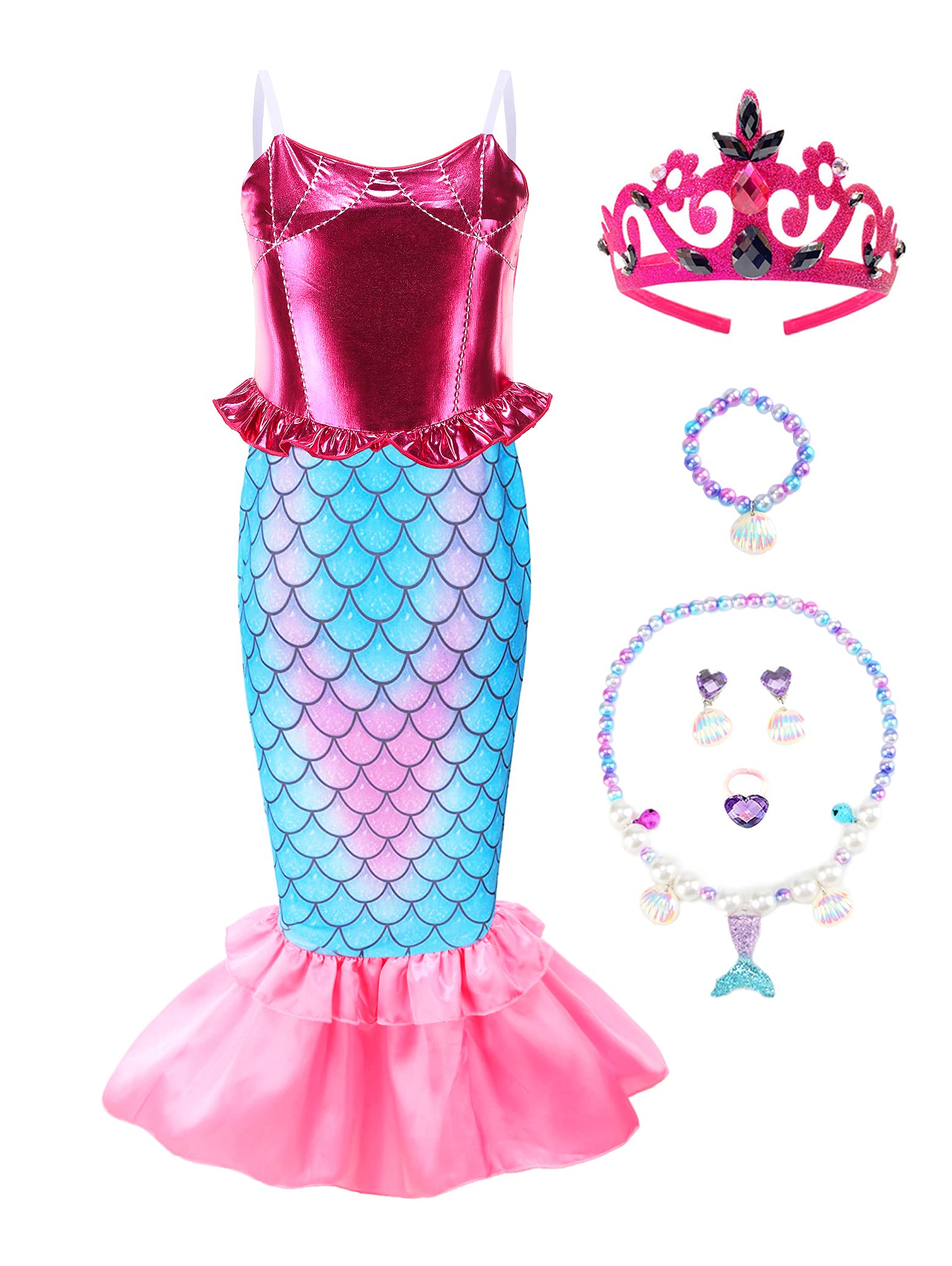 Mecamelon Girls Mermaid Costume Princess Party Dress Up with Accessories (8 Years, Pink)