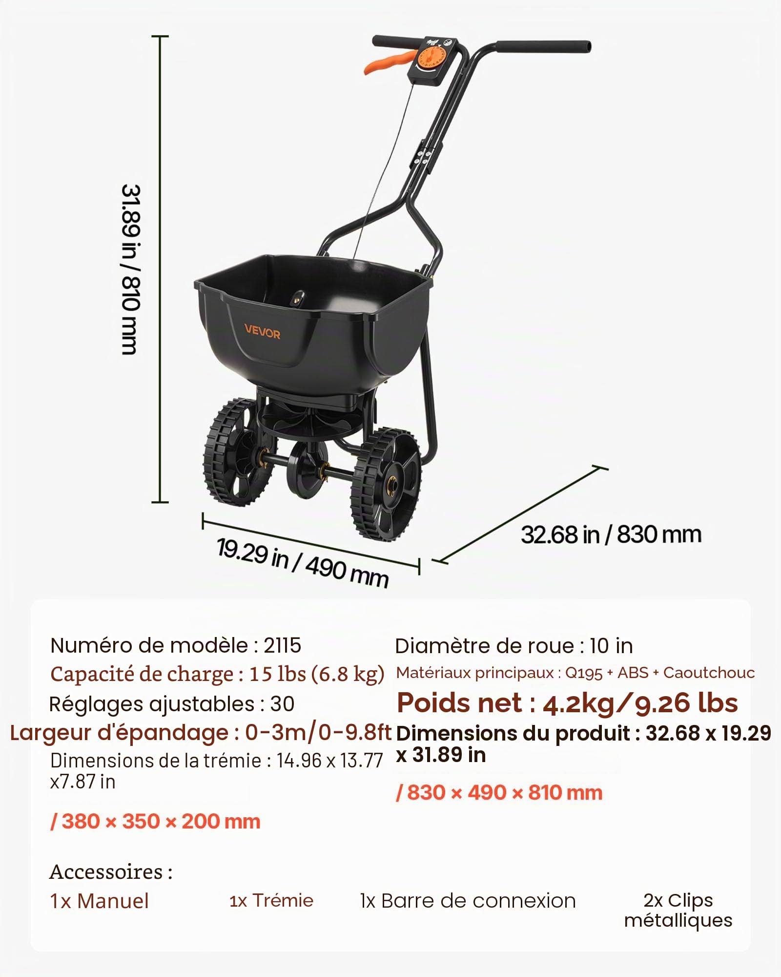 VEVOR Épandeur Engrais Capacité 6,8 kg Épandeur à Semence Largeur Épandage 0-3 m Semoir à Pousser pour Graines, Sel de Déneigement, Semer Jardinage, Pelouse, Gazon, Débit Réglable, avec Roues 25,4 cm