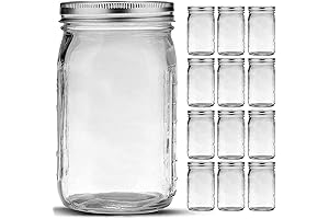 12 Pack 32oz Clear Glass Quart Mason Jars w/ Wide Mouth +...
