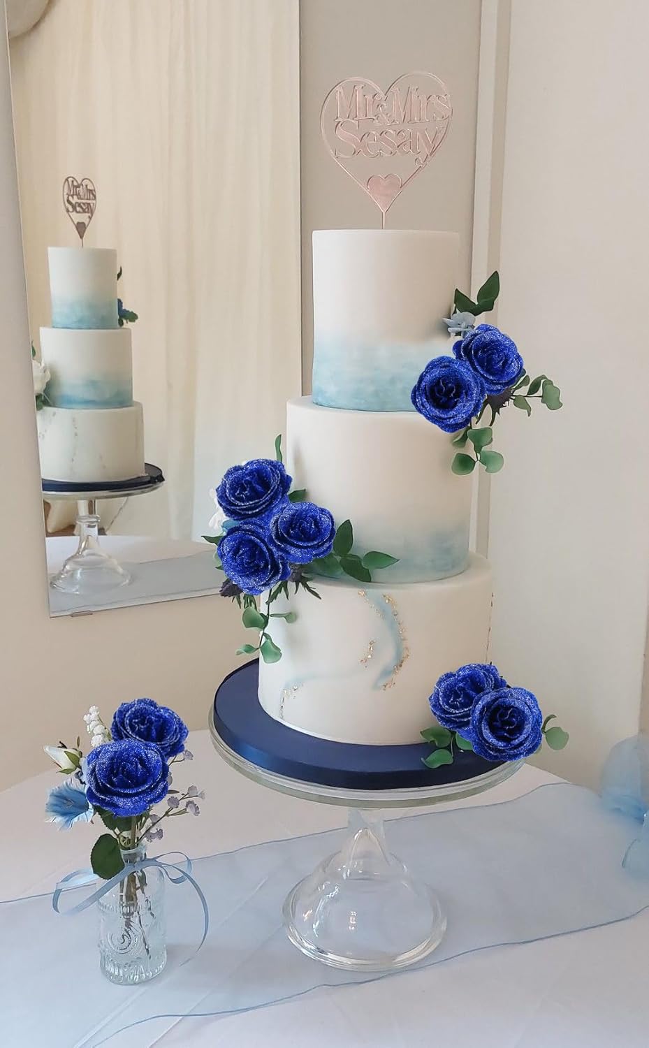 Glitter Roses Bouquet,30pcs Royal Blue Roses Sparkle Roses Artificial Roses with Stems for Crafts Wedding Bouquet Party Home Decor(Royal Blue with Silver Glitter)