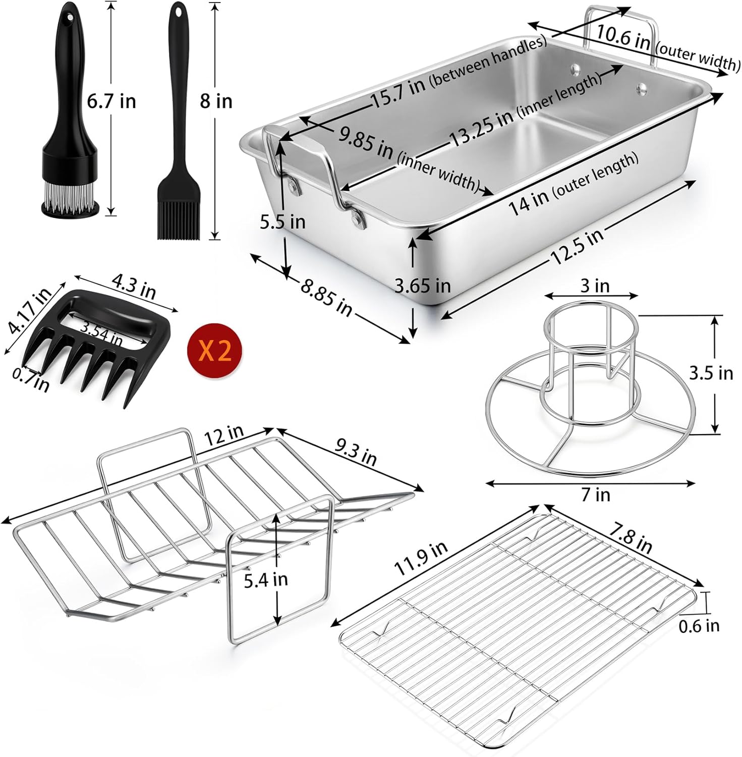 P&P CHEF Roasting Pan Set (8 PCS), 14 Inch Stainless Steel Turkey Roaster Pan, Flat & V-shaped Roasting Racks & Beer Can Chicken Holder, Meat Claws & Tenderizer, Brush, Healthy & Heavy Duty