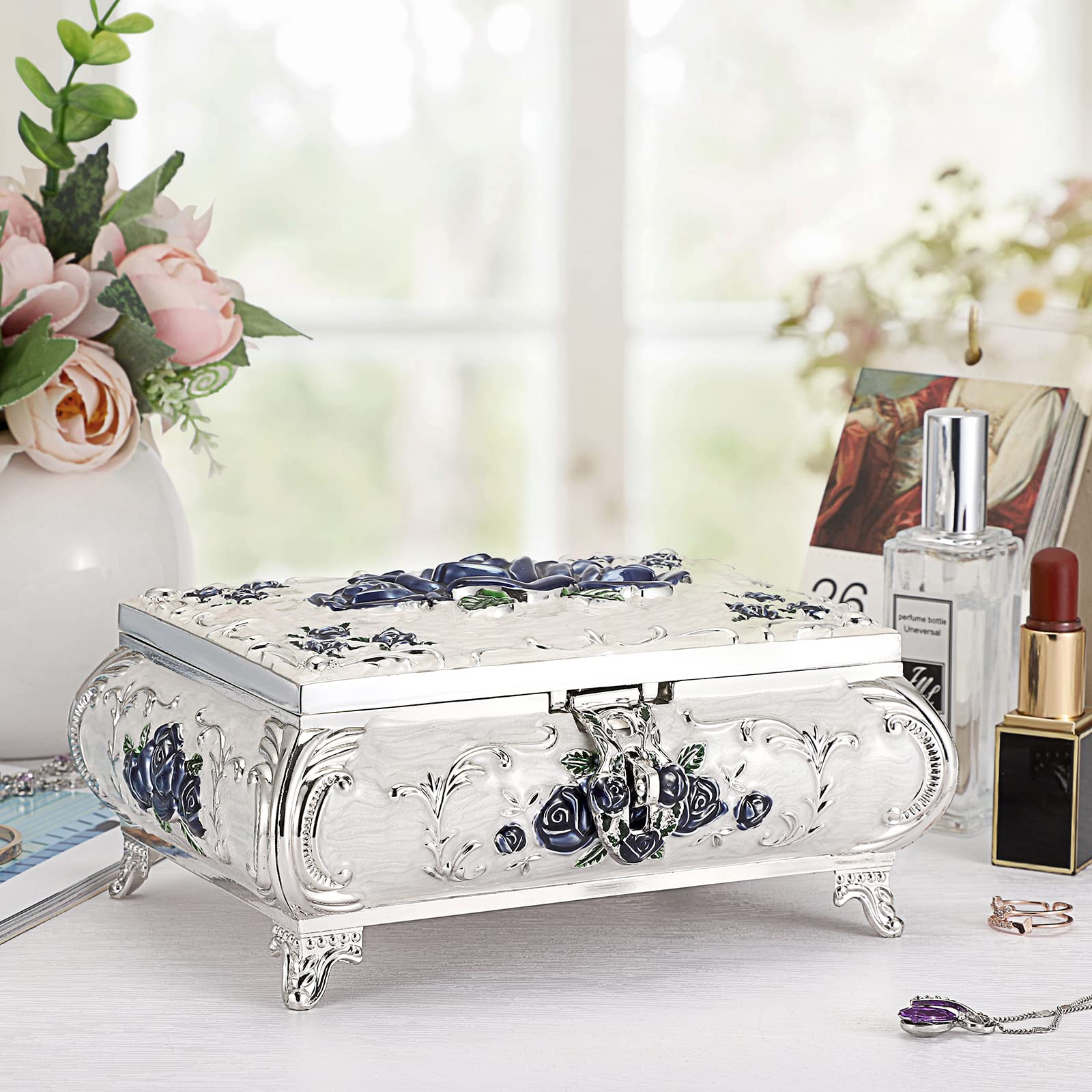 Joyero decorativo de metal, caja de tesoro vintage, organizador de joyas, aretes, collar, pulsera, caja de almacenamiento, soporte para anillos, caja de recuerdo para mujeres 5