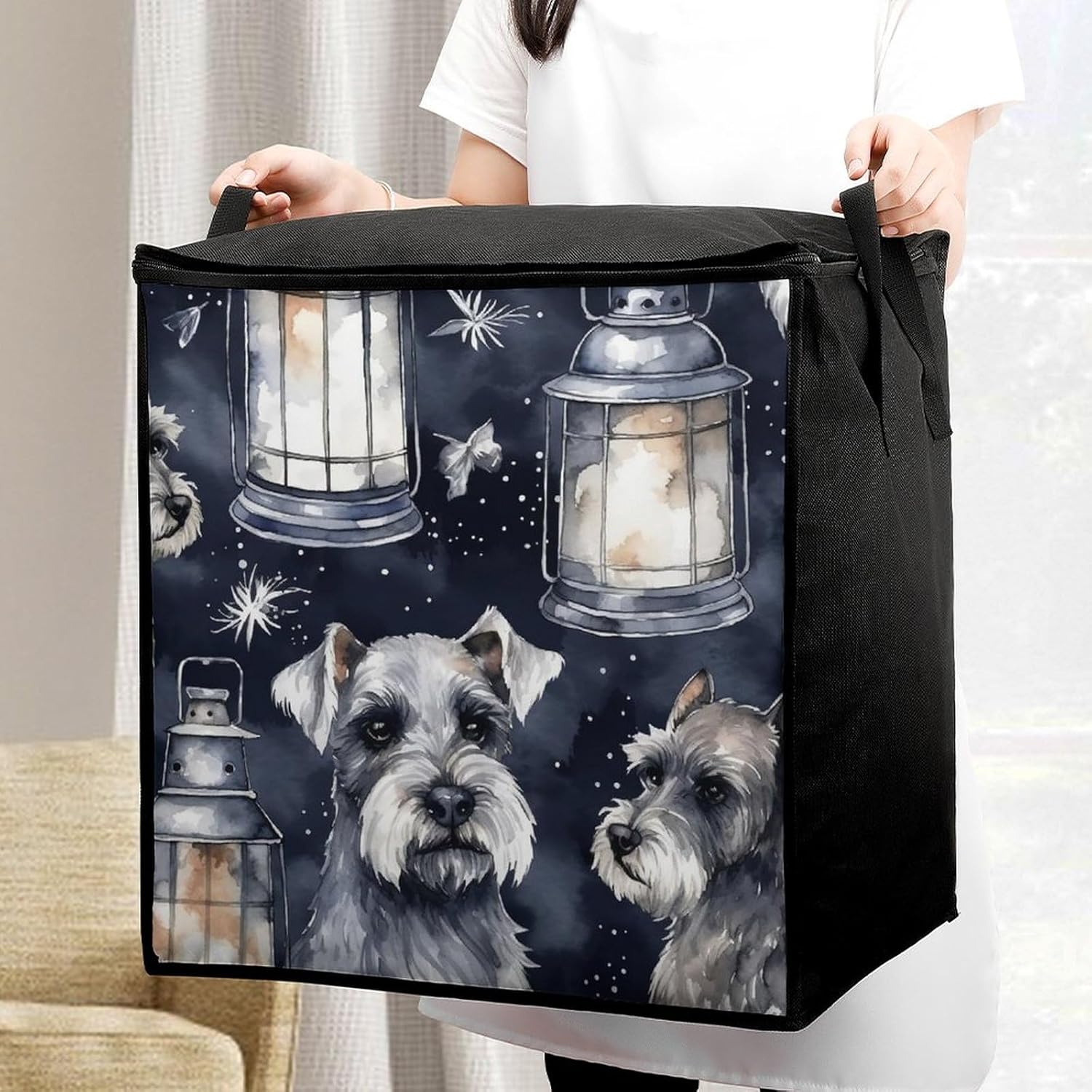 Portable Quilt Storage Bag,Dog And Lantern Printed Foldable Wardrobe Storage Box Foldable Storage Bag with Lids And Handle Large Clothing Storage Bag for Comforters Clothes Blankets Pillows