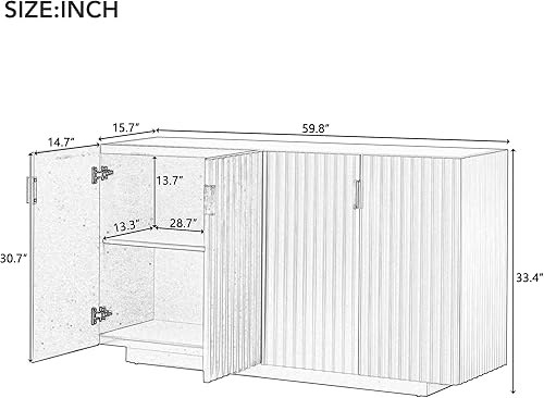 Miniatura 2 de Aparador de almacenamiento amplio de 60 pulgadas con 4 puertas onduladas con estantes ajustables, mesa consola de madera de acacia retro con asas de