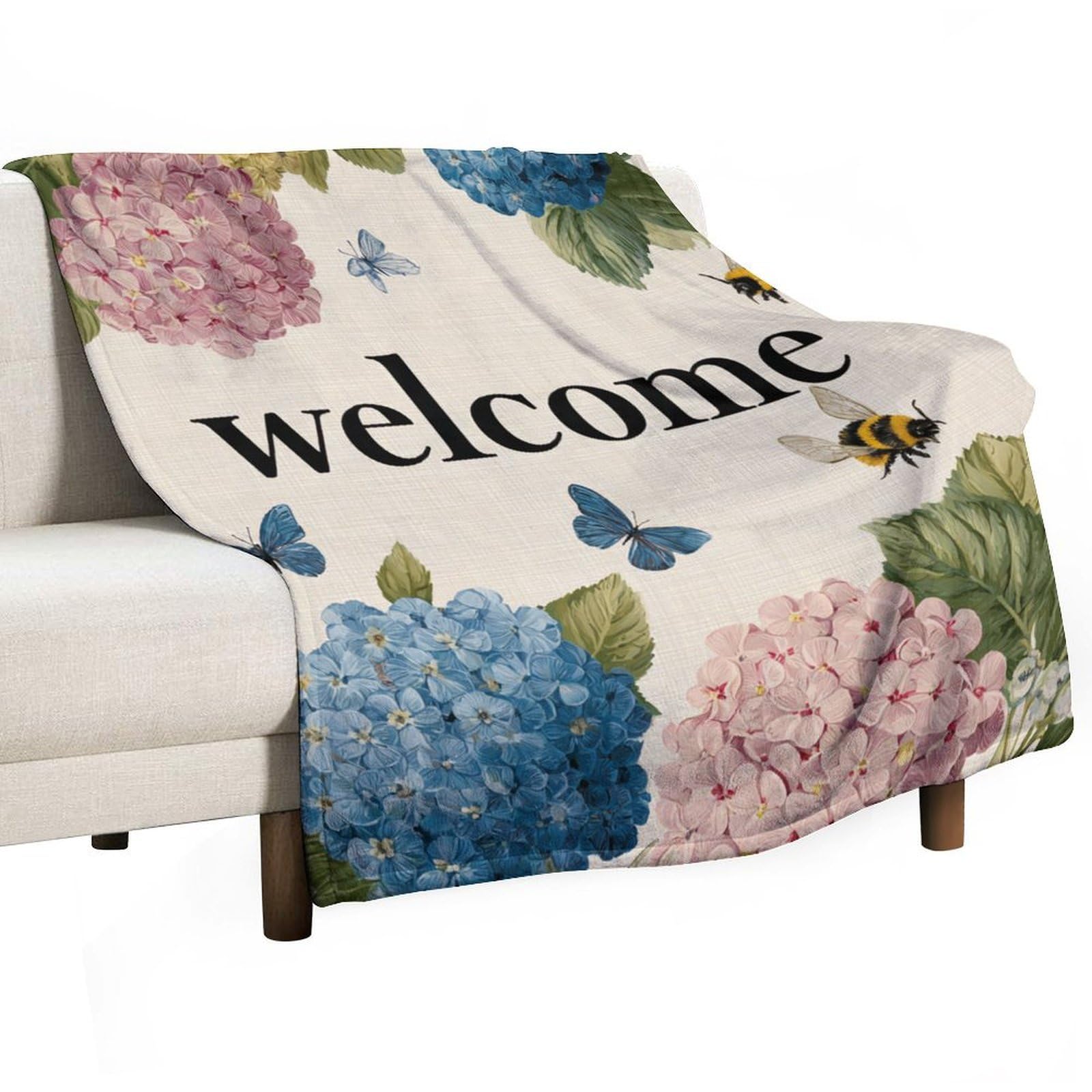 Jubonexis Colorful Hydrangea Flowers Butterflies Bee Anti Pilling Throw Blankets Cozy Durable Blanket for Bedroom Living Rooms Couch Sofa Bed 130x150cm(50x60in)