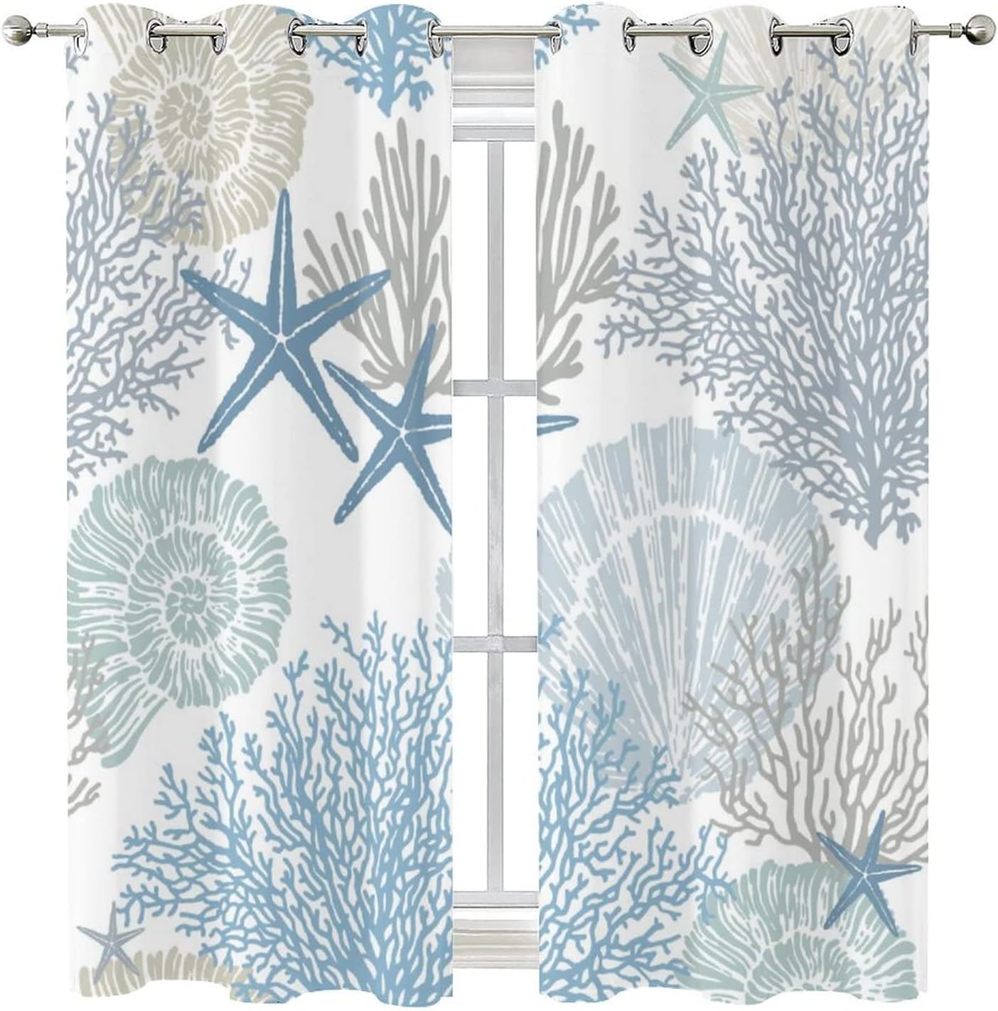 Abstract Nautical Coastal Curtains,Watercolor Beach Ocean Theme Starfish Seashell Coral Window Treatments Thermal Insulated Grommet Blackout Curtains for Bedroom 2 Panels 63L x 21W