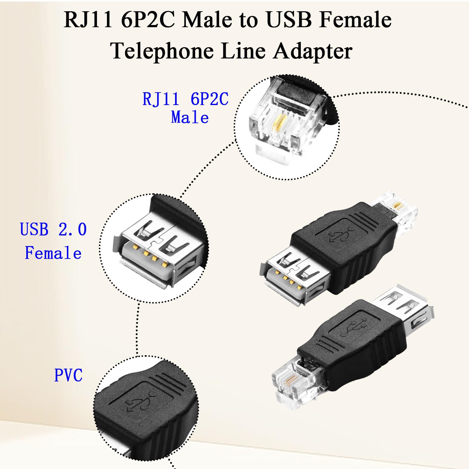QIANRENON Wtyczka RJ11 do gniazda USB do telefonów złącze RJ11 6P2C wtyczka do gniazda USB A kabel telefoniczny adapter 2pin RJ11/USB do telefonu interfejs testowy, do telefonów faksowych, 2 szt