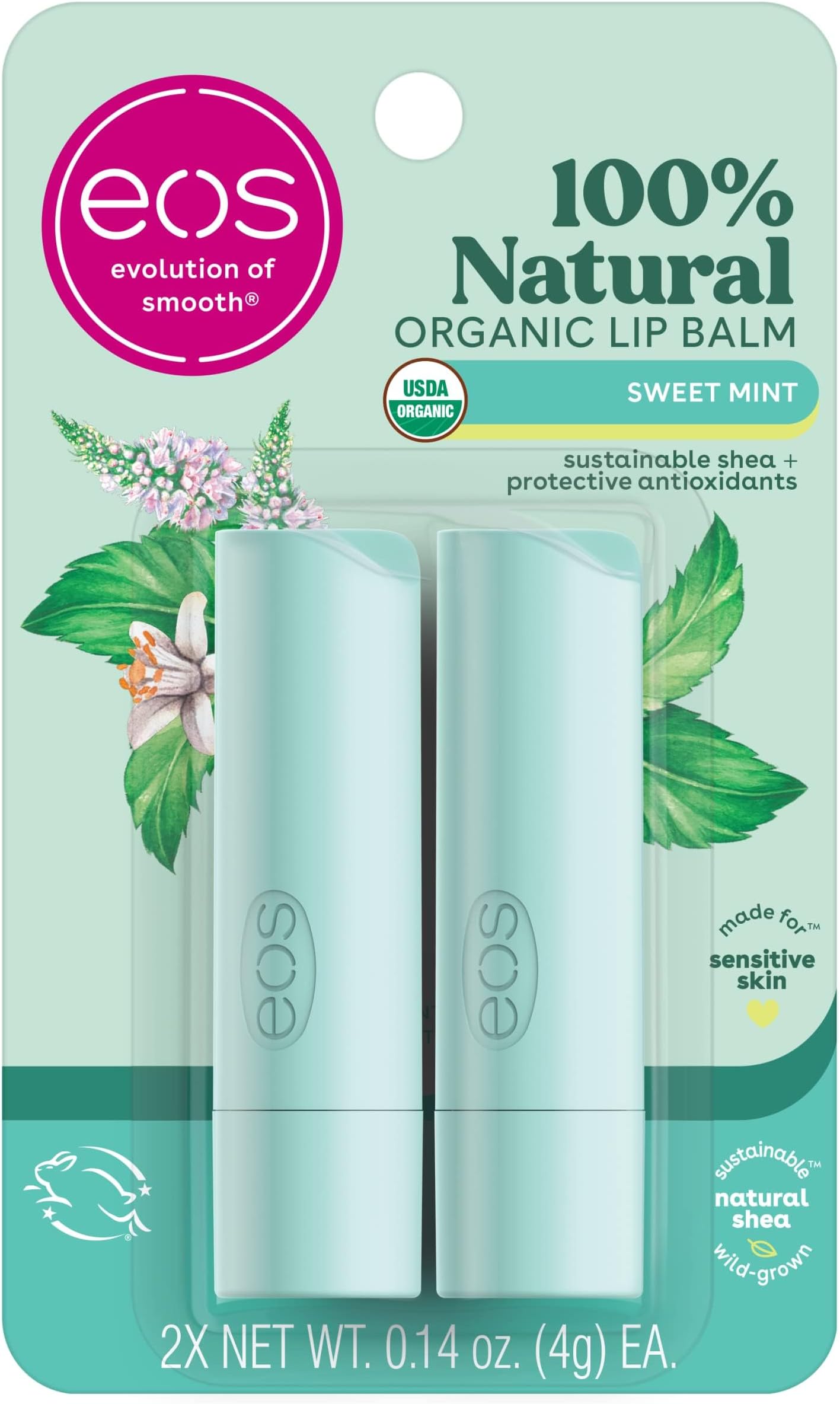 EOS 2 Piece Organic Lip Balm Stick, Sweet Mint, 0.28 Ounce