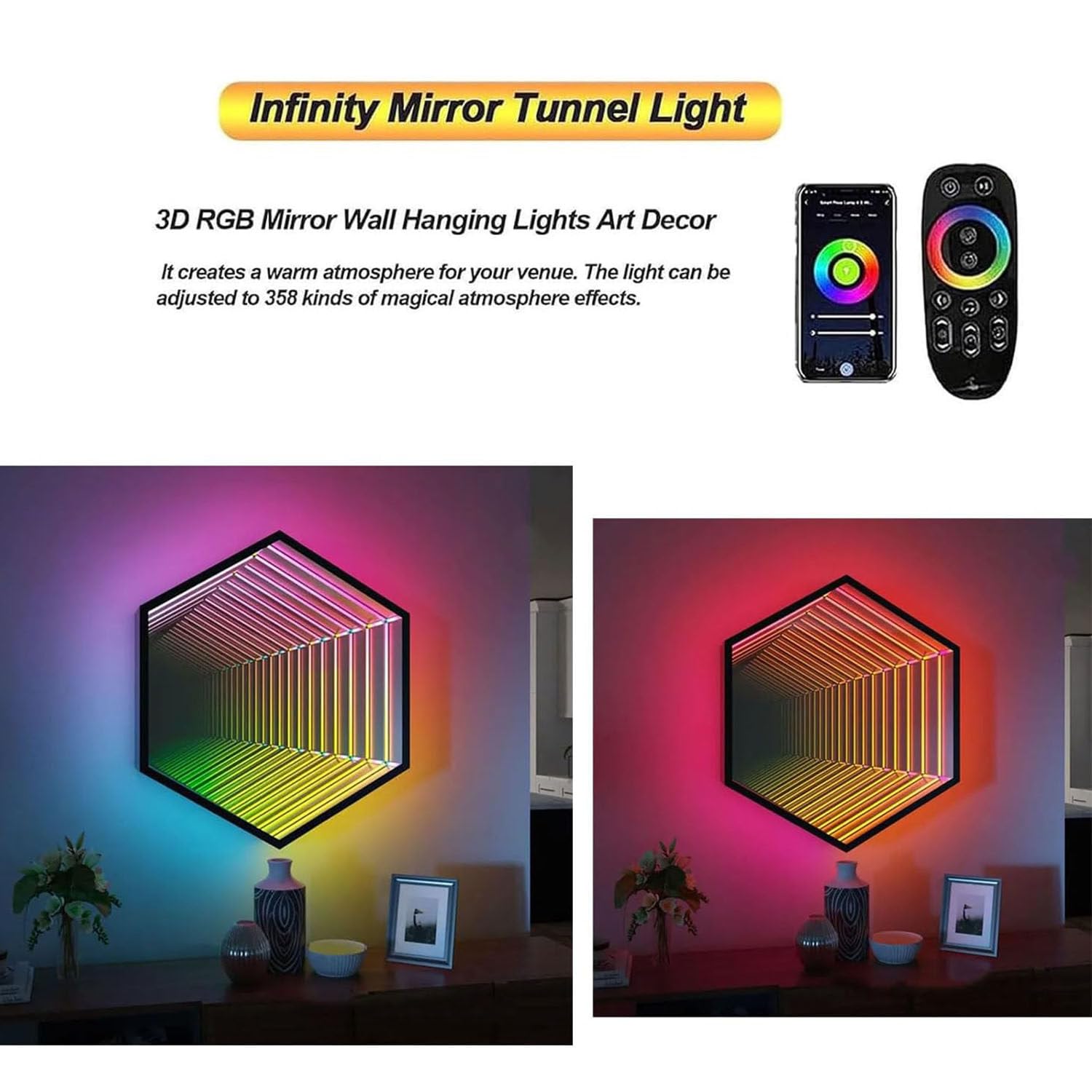 Lustrzane światło tunelowe, lustro ścienne LED Infinity z wielokolorowym światłem zmieniającym kolor, światło tunelowe LED zmieniające kolor z pilotem, do sypialni/imprezy/dekoracji domu 30cm/11.8"