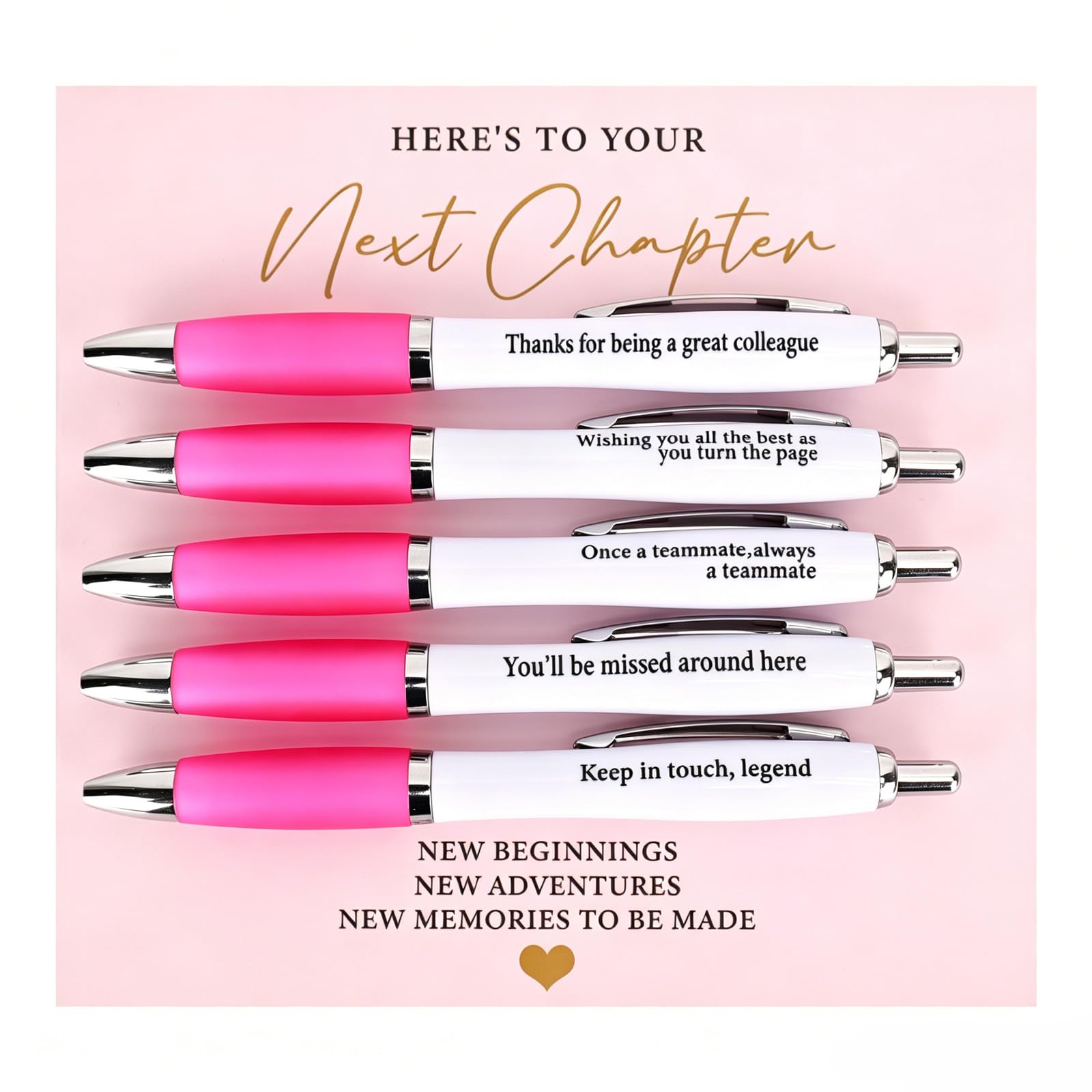 DINSAGE Leaving Gifts for Colleagues Women, 5 Pack Good Luck Funny Pens for Retirement New Job Gifts, Work Bestie Gift Goodbye Farewell Presents for Friends Female (Pink)
