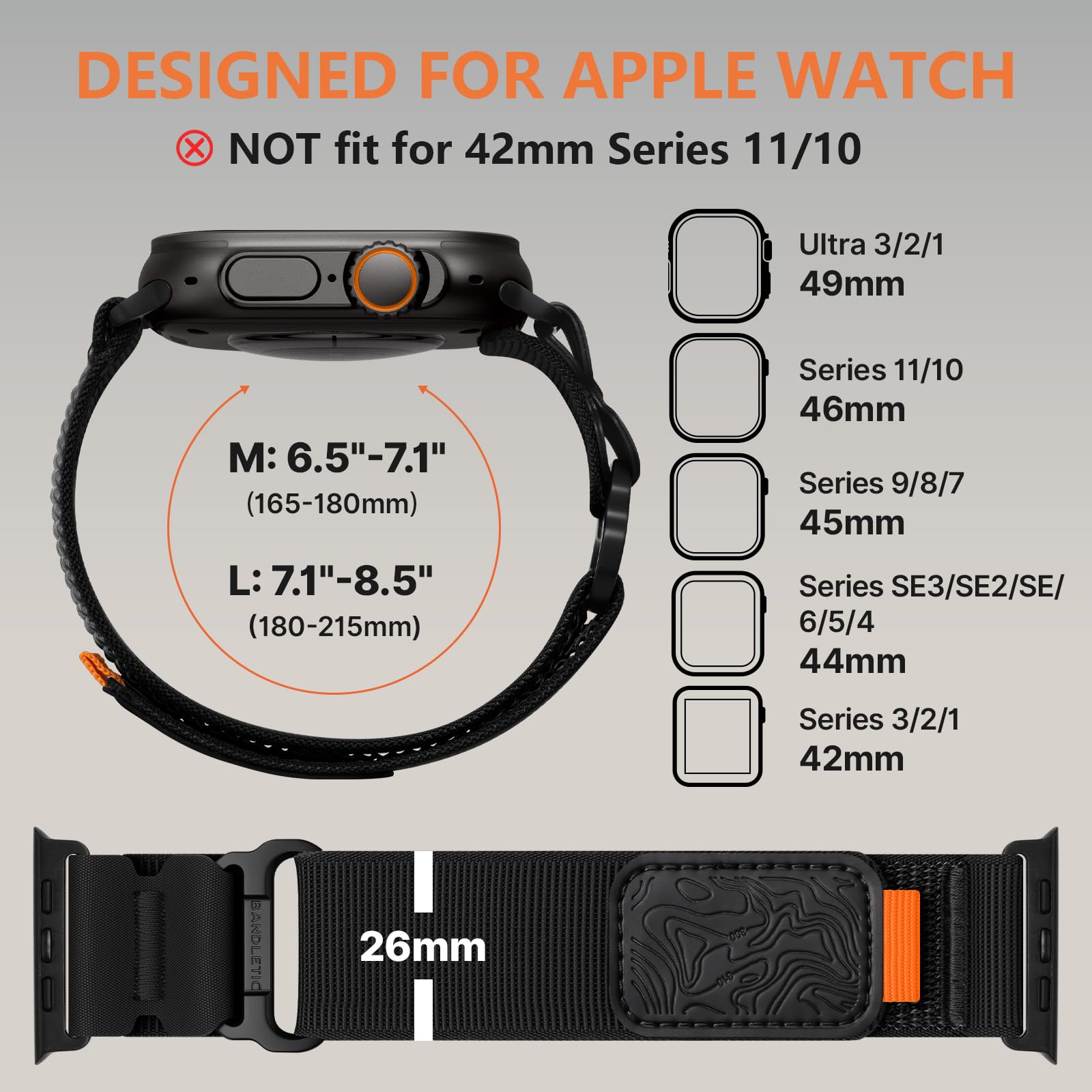 Bandletic Nylon Straps Compatible with Apple Watch Ultra 3/2/1 49mm - Soft Sport Loop Replacement Strap for iWatch Series 11/10 46mm, 9/8/7 45mm, SE3/SE2/SE/6/5/4 44mm, 3/2/1 42mm, Black — view 6