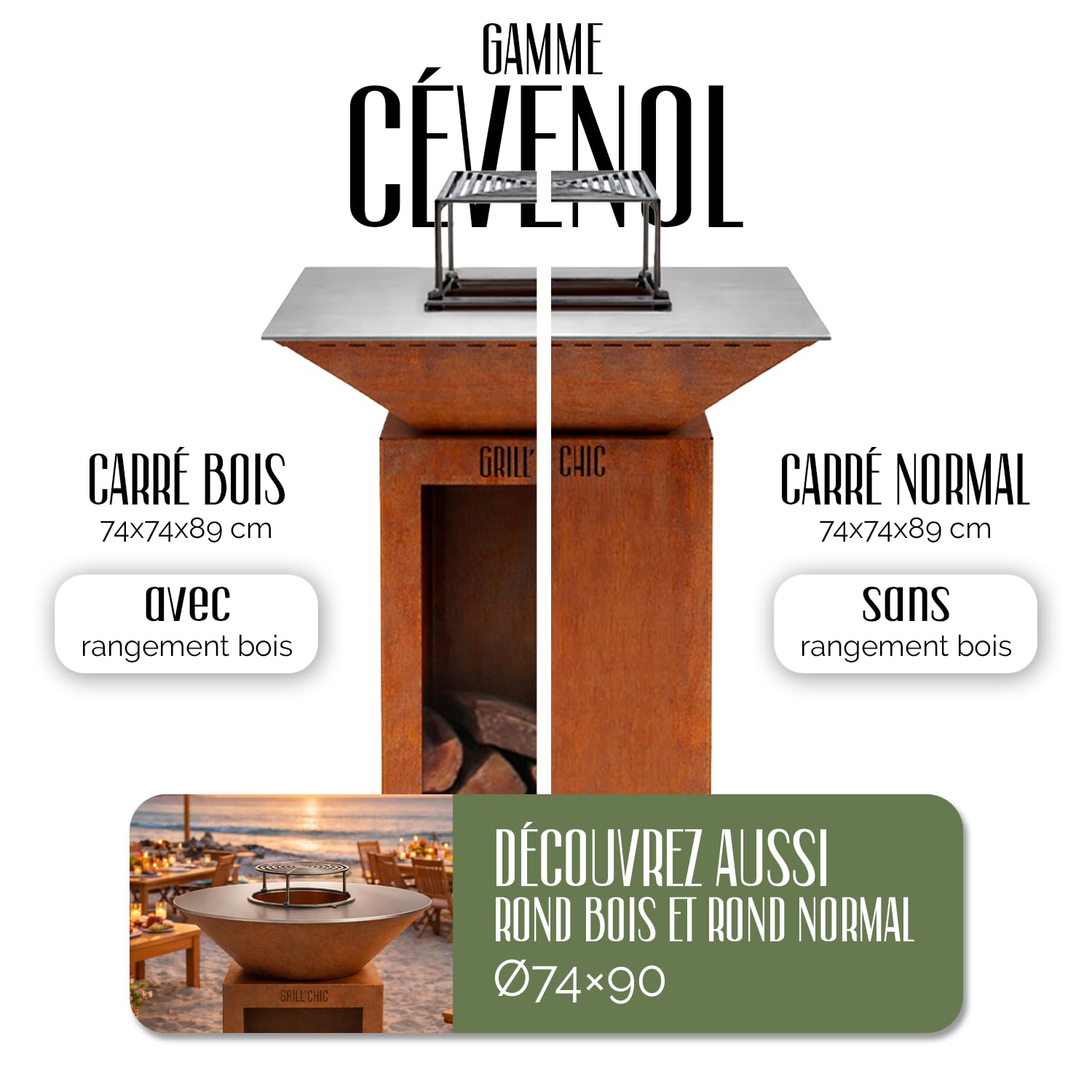 GRILL'CHIC - Pack Privilège Brasero Cévenol Corten Bois Carré - Simple Cuve - Avec Bâche + Grille + Stop Food Inclus - À Assembler - Fabriqué en France - 74 L x 74 P x 89 H cm