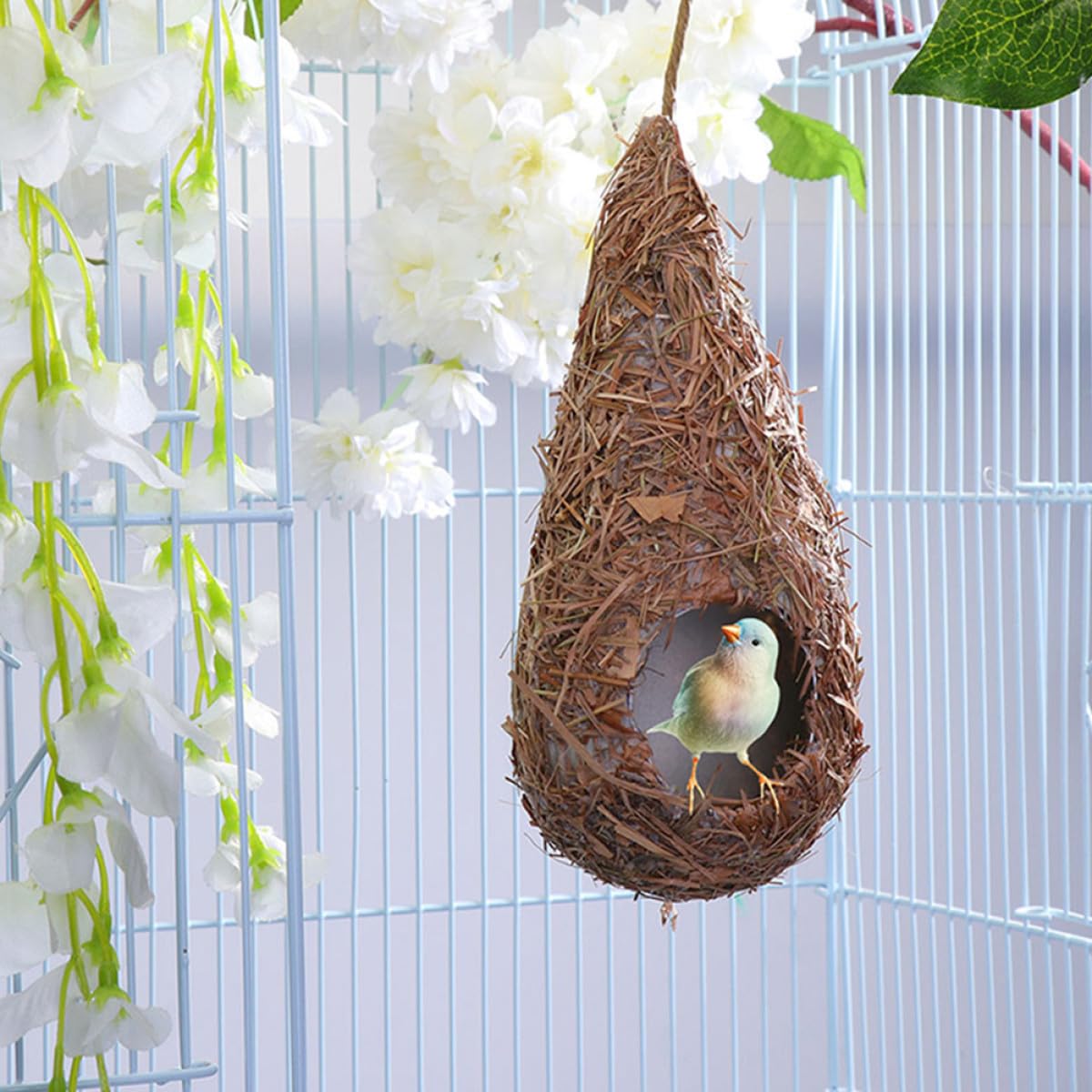 Casetta per Uccellini da Esterno Set da 5 Pezzi in Paglia Intrecciata, Nido Decorativo Appeso Stile Rustico Pastorale per Piccoli Uccelli per Giardino e Veranda