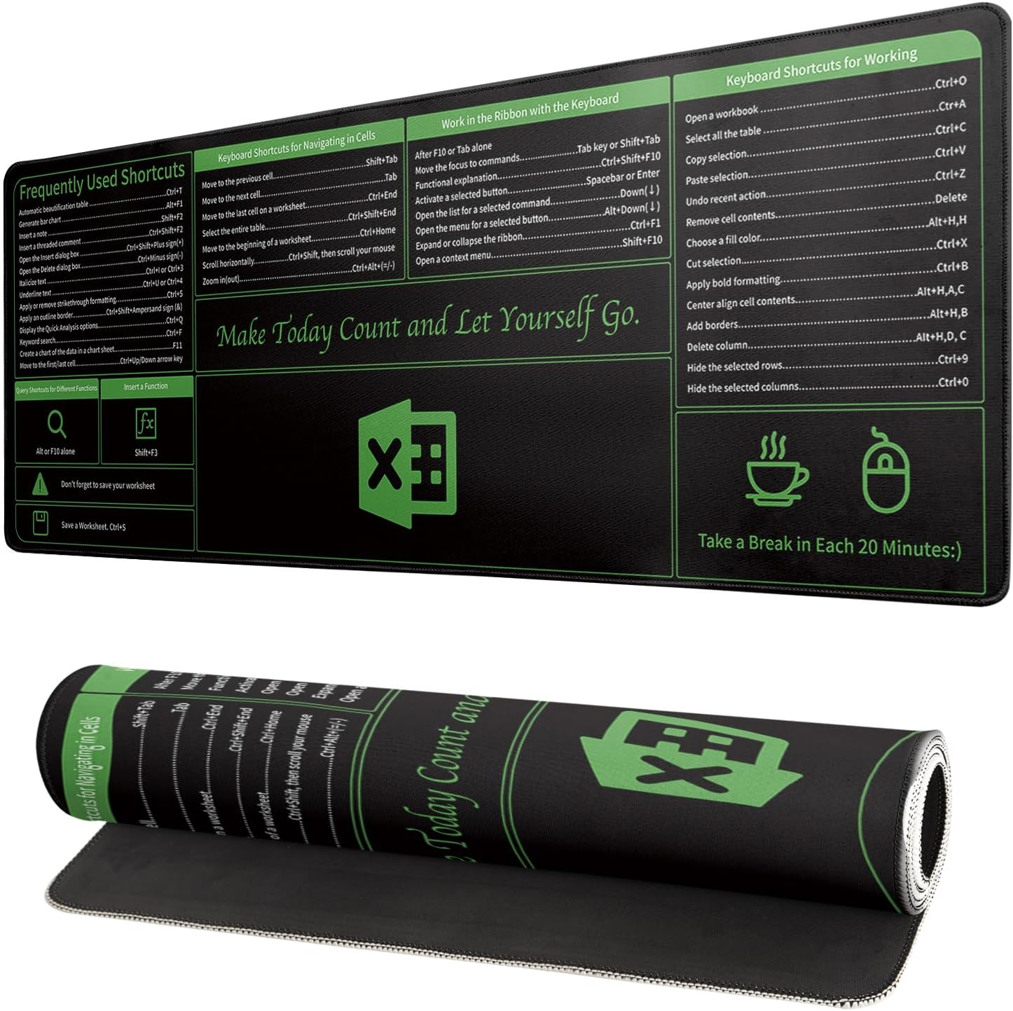 Excel Shortcut Gaming Mouse Pad 31.5x11.8 Inch Large Black