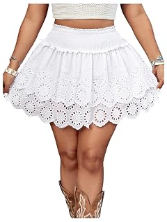 MakeMeChic Womens Boho Plus Size A Line Mini Skirt Shirred Ruffle Tiered Eyelet Embroidery Skirts