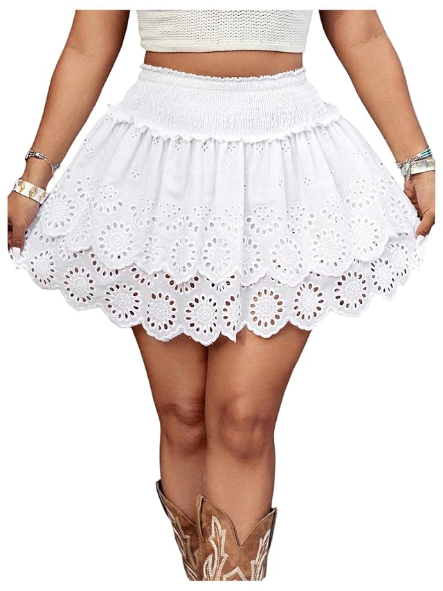 MakeMeChic Womens Boho Plus Size A Line Mini Skirt Shirred Ruffle Tiered Eyelet Embroidery Skirts