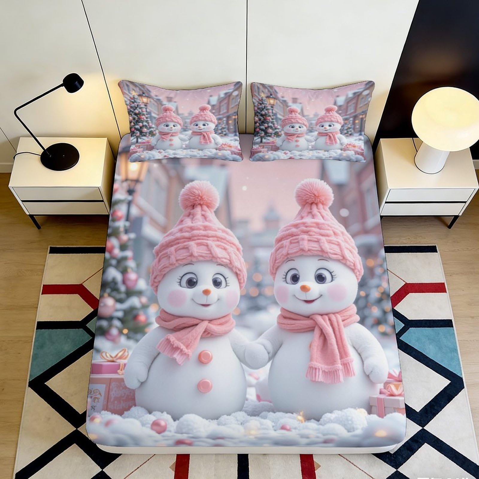 3D Printed Snowman Couple Fitted Sheet Microfiber Pink Winter Street Bed Cover for Bedroom Guestroom Dorm Mattress Protection 90x200x25cm