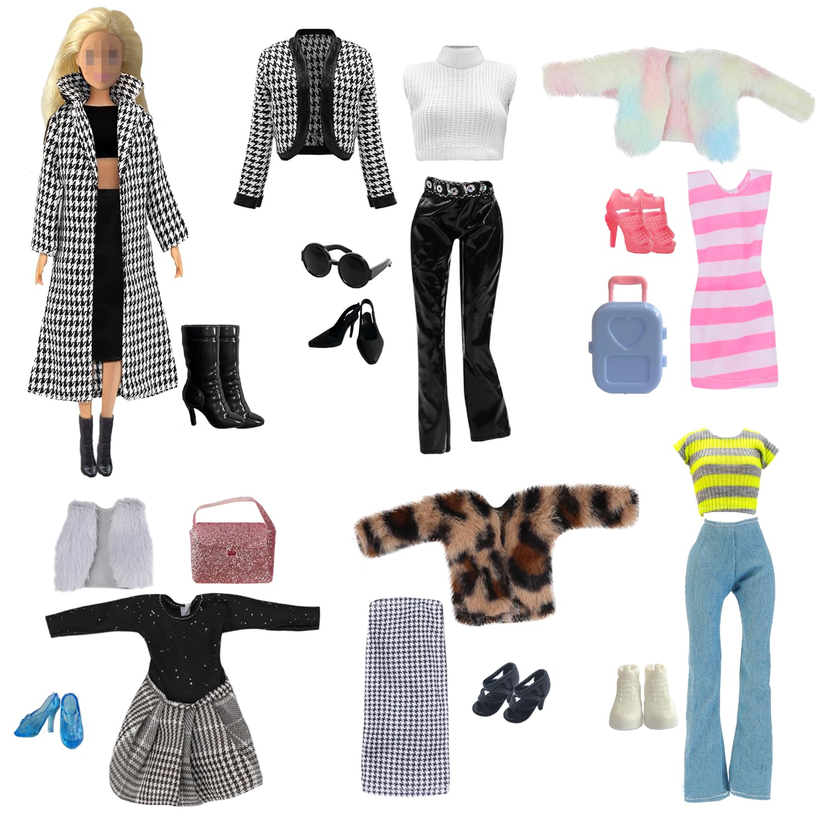 Doll Clothes Compatible with Barbie Clothes, Including 6 Fashion Sets, 1 Handbag, 1 Suitcase, 1 Glasses