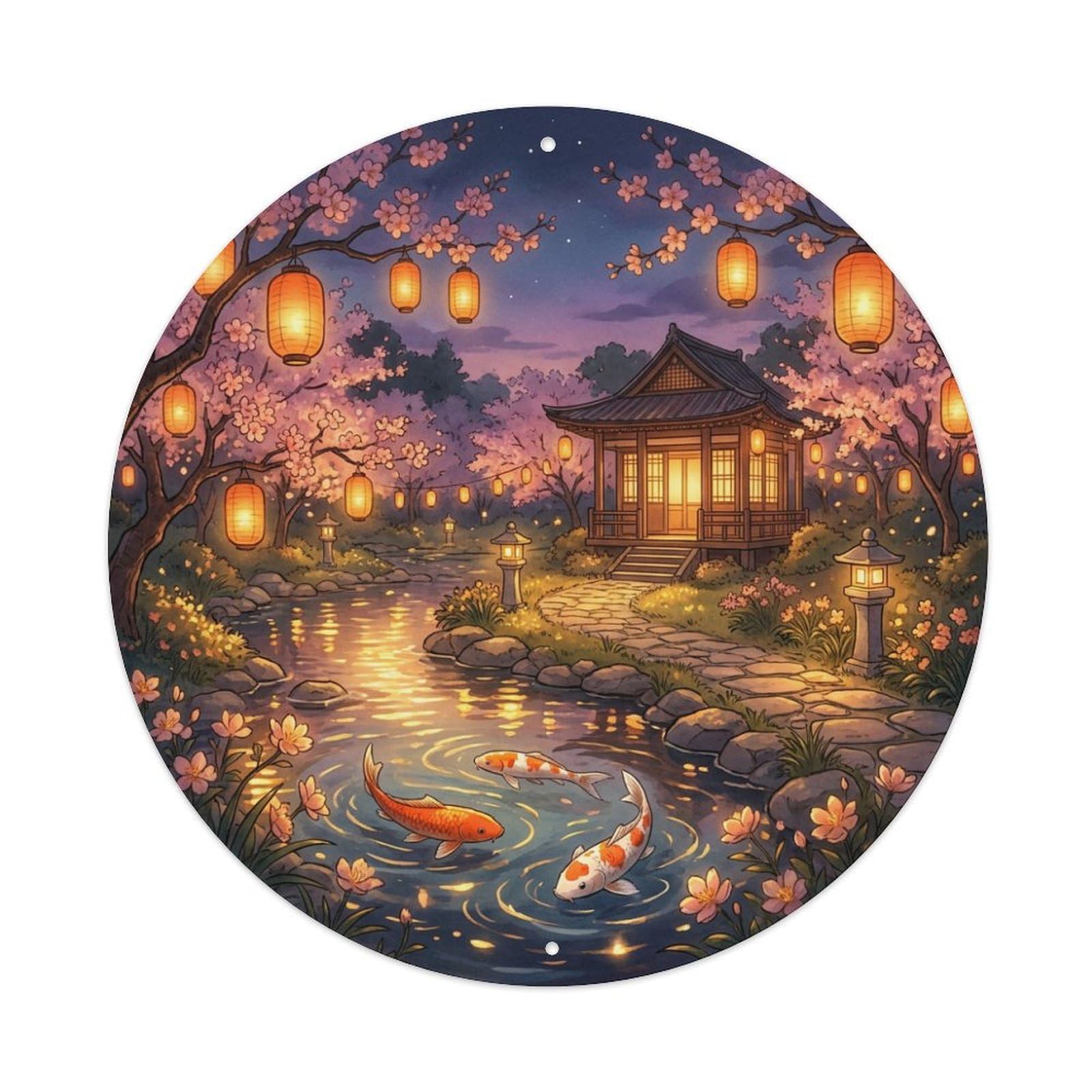 Tgrcjimh Style Metal Tin Sign Japanese Koi Fish Evening Lanterns Glowing Warm