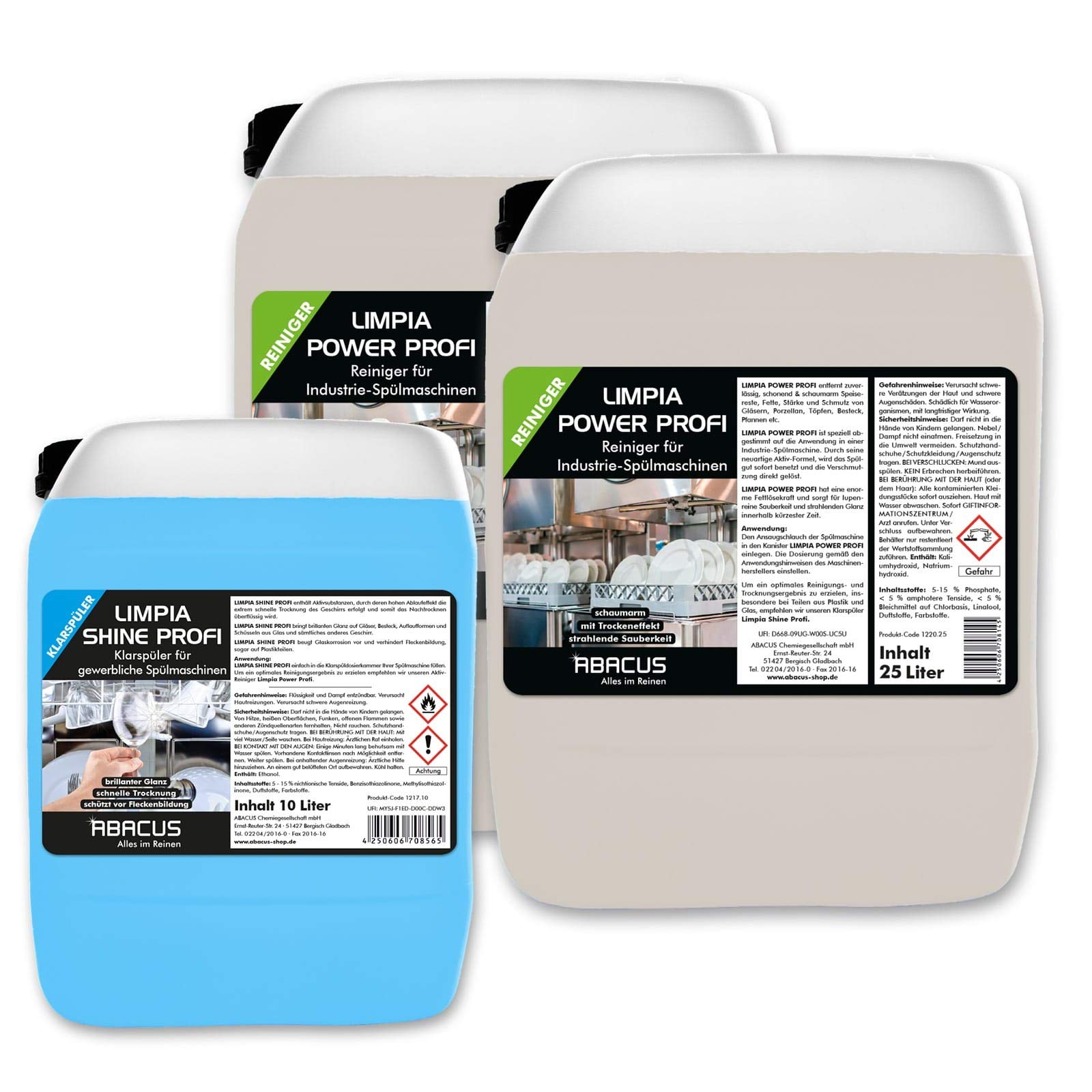 ABACUS® Geschirrspülmittel und Klarspüler für Gastronomie Set 2-2x 25L Limpia Power + 1x 10 L Limpia Shine - Geschirrspülmittel und Klarspüler für gewerbliche Spülmaschinen (7525)