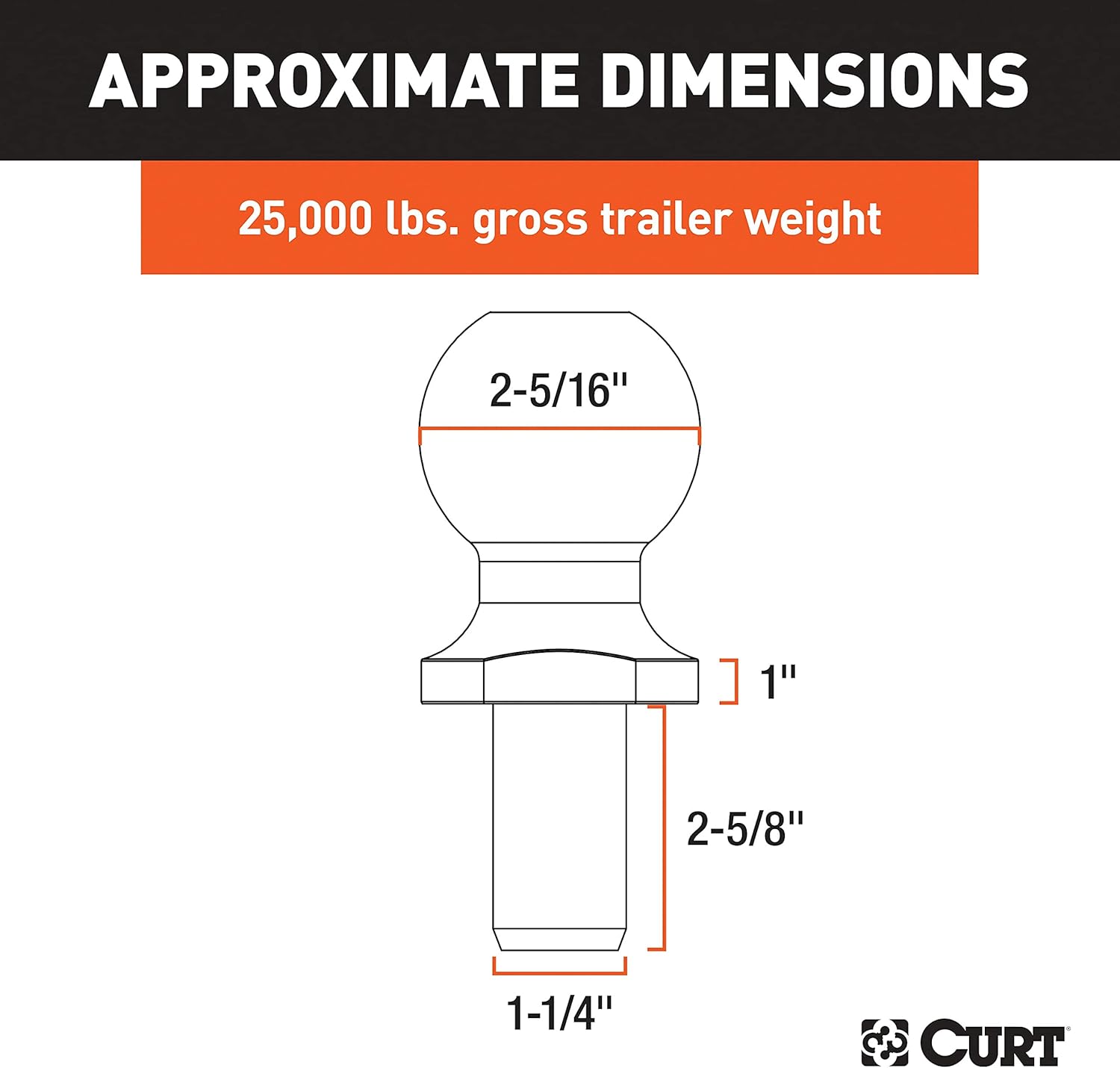 CURT 40086 Raw Steel Trailer Hitch Ball, 25,000 lbs, 2-5/16-Inch Diameter, 1-1/4 x 2-5/8-Inch Shank