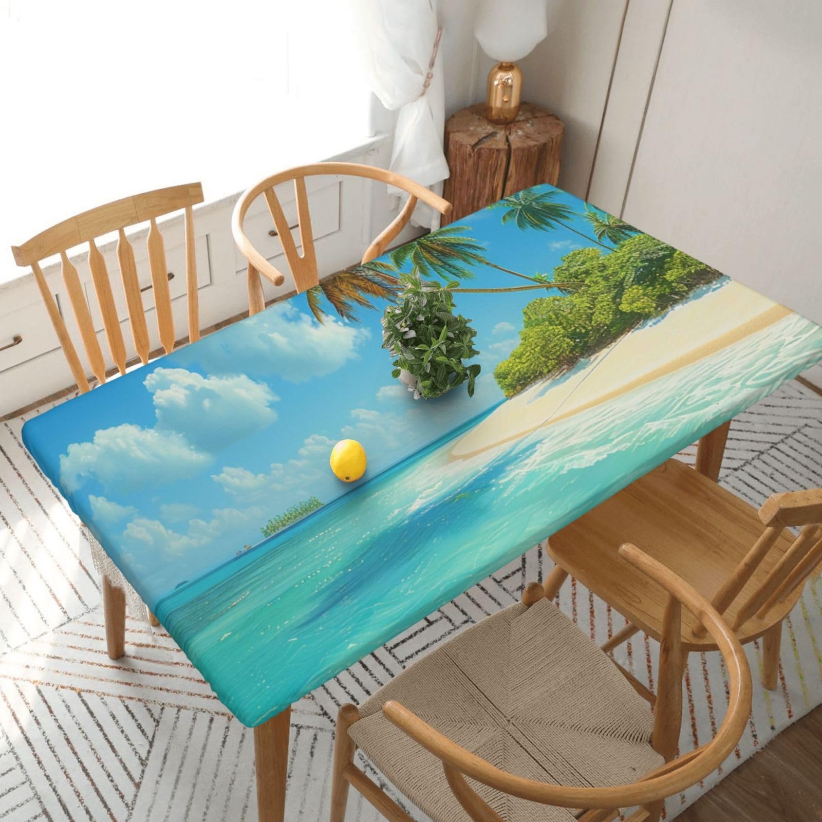 WPKJU Island with Sandy Beach and Palm Tree Printed Tablecloths 5ft Rectangular Table Covers Washable Polyester Decorative Table Cloth for Dining Table Picnic Wedding