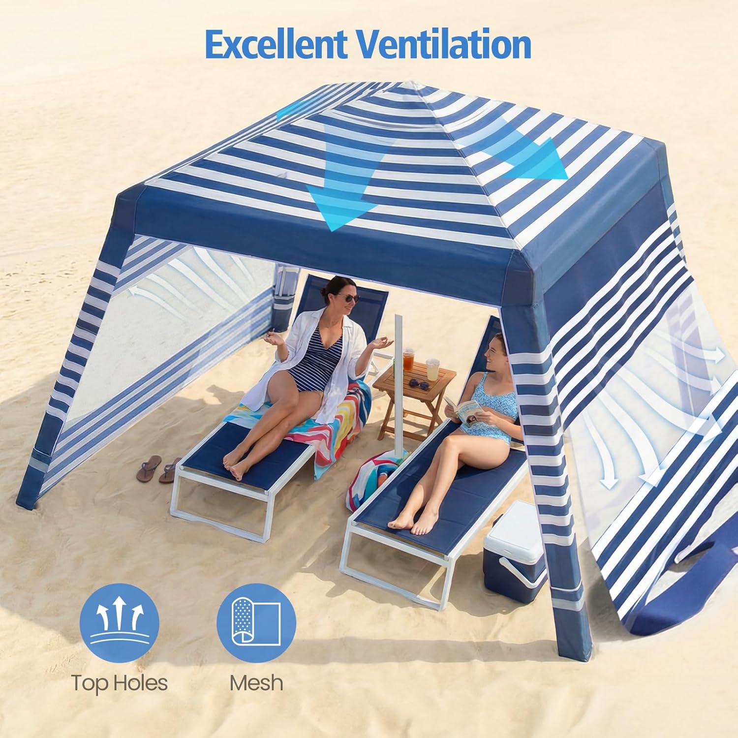 Beach Cabana 8×8 FT, Large Portable Beach Canopy with 2 X Side Wall, UPF 50+ Sun Shelter with Cup Holder,Pop Up Beach Tent Wind Resistant - Adjustable Height for Whole Family, Blue & White Stripes