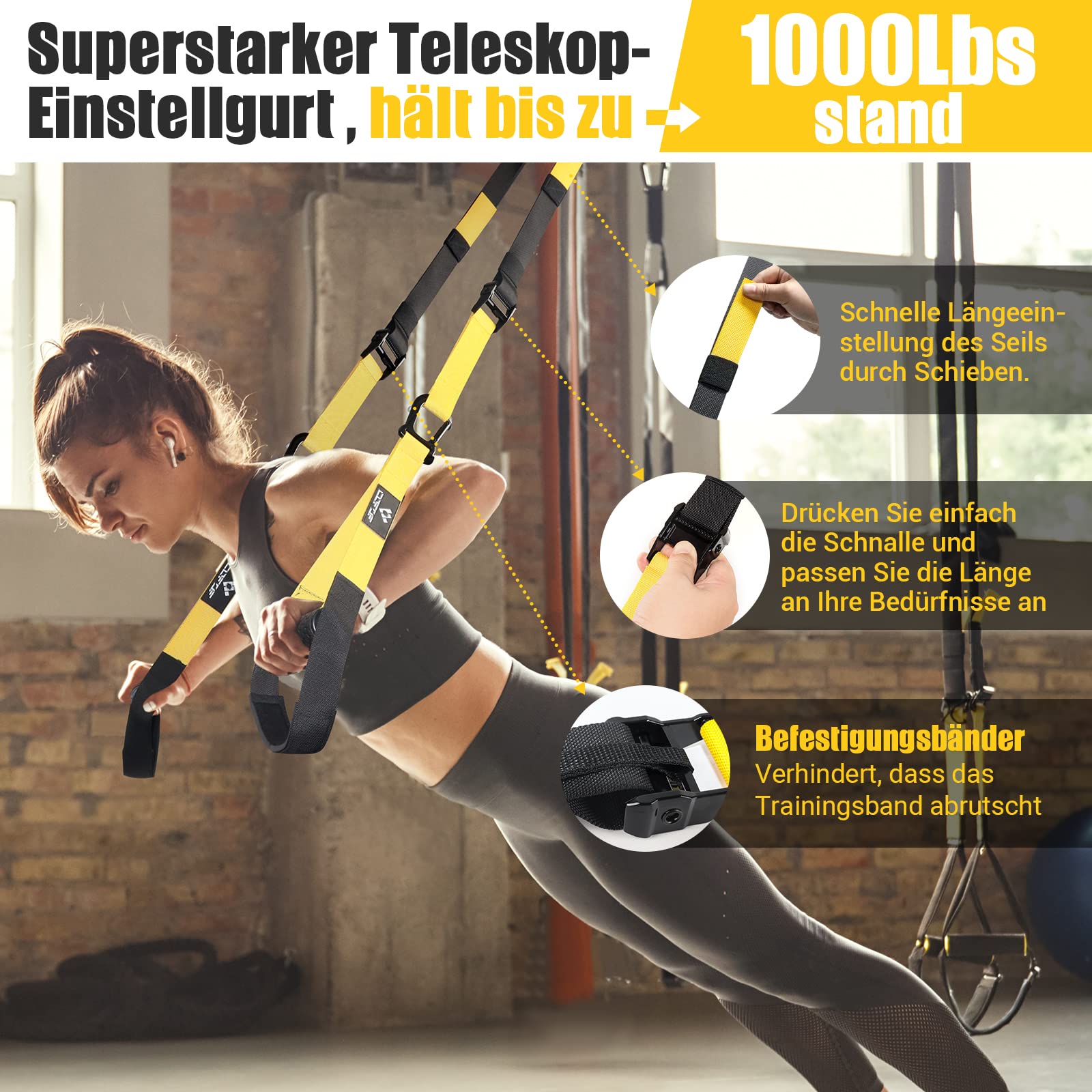 Schlingentrainer, Sling trainer für ein Ganzkörpertraining, Schlingentrainer für zuhause mit Großem Griff Türankerbefestigung Tragtasche, Übungsanleitung for Homegym