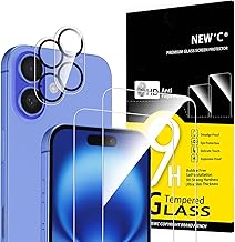 NEW'C Tempered Glass Screen Protector for iPhone 16 6.1 Inch (2 Pieces) and 2 x Camera Armoured Protection for Camera Protection (Pack of 2) Scratch-Resistant Extremely Durable 9H Hardness Glass