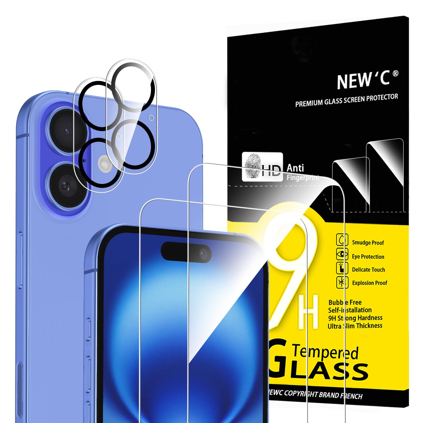 NEW'C für iPhone 16 für Panzerglas 6,1 Zoll (2 Stück) und 2 x Kamera Panzer Schutz für Kameraschutz (2 Stück) -Kratzfest -extrem widerstandsfähig -9H-Härteglas