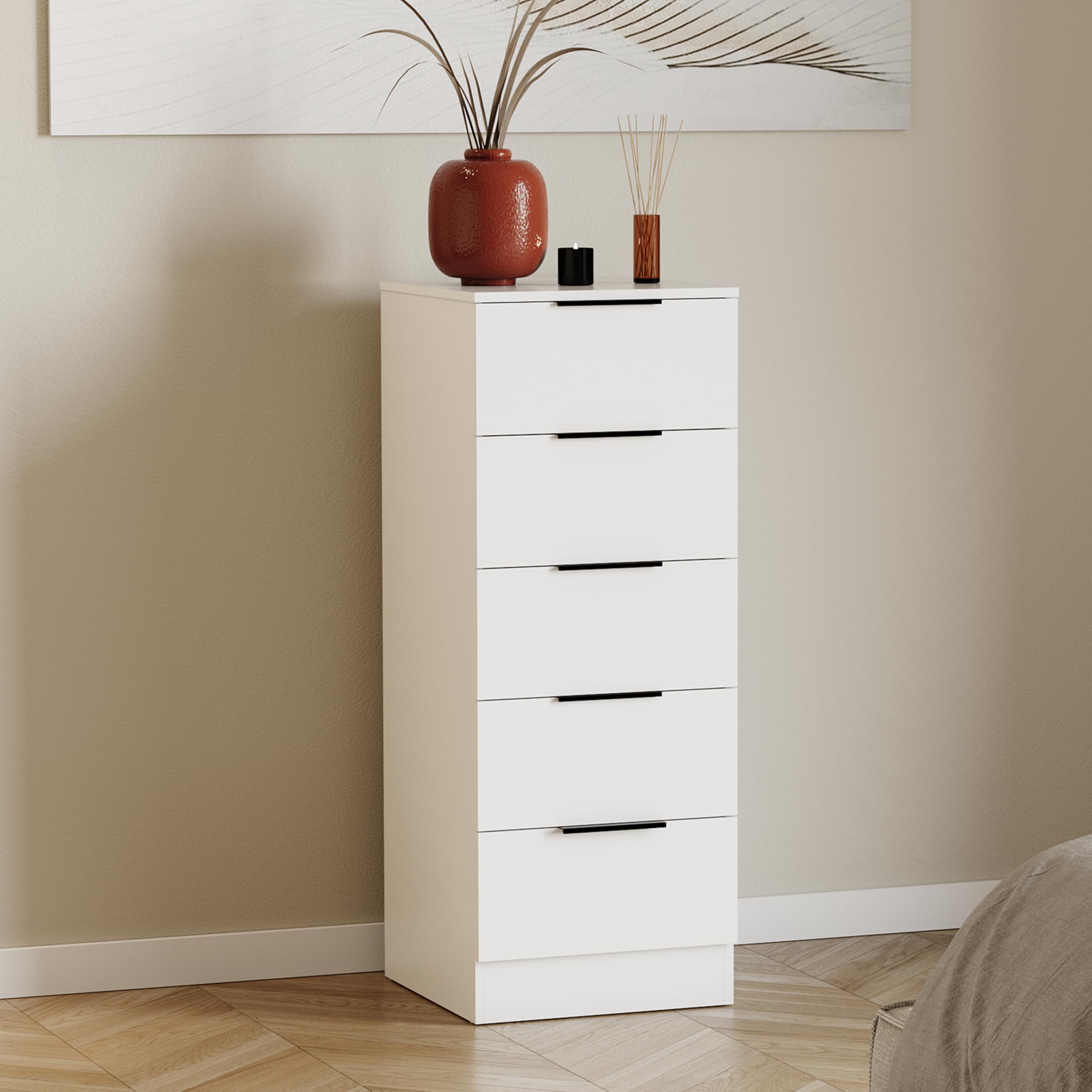 Vida Designs Trega - Cassettiera stretta con 5 cassetti, colore bianco, sottile, salvaspazio, per camera da letto, 90 x 34,5 x 36 cm (altezza x larghezza x profondità), supporto anti-piegamento