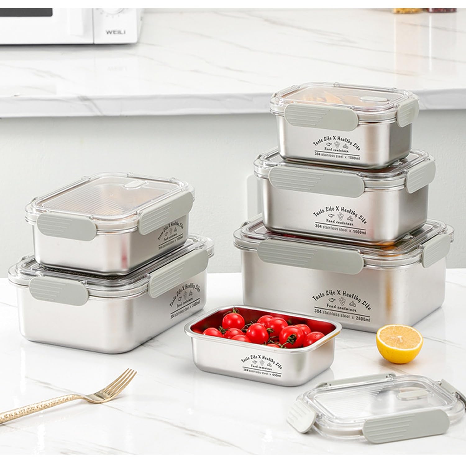 FOLAI 5er set 304-Edelstahl Frischhaltedosen mit deckel Vorratsbehälterset,kühlschrank organizer Aufbewahrungsbehälter aufschnittboxen，meal prep gläser (650ml+1000ml+1300ml+1600ml+2400ml)