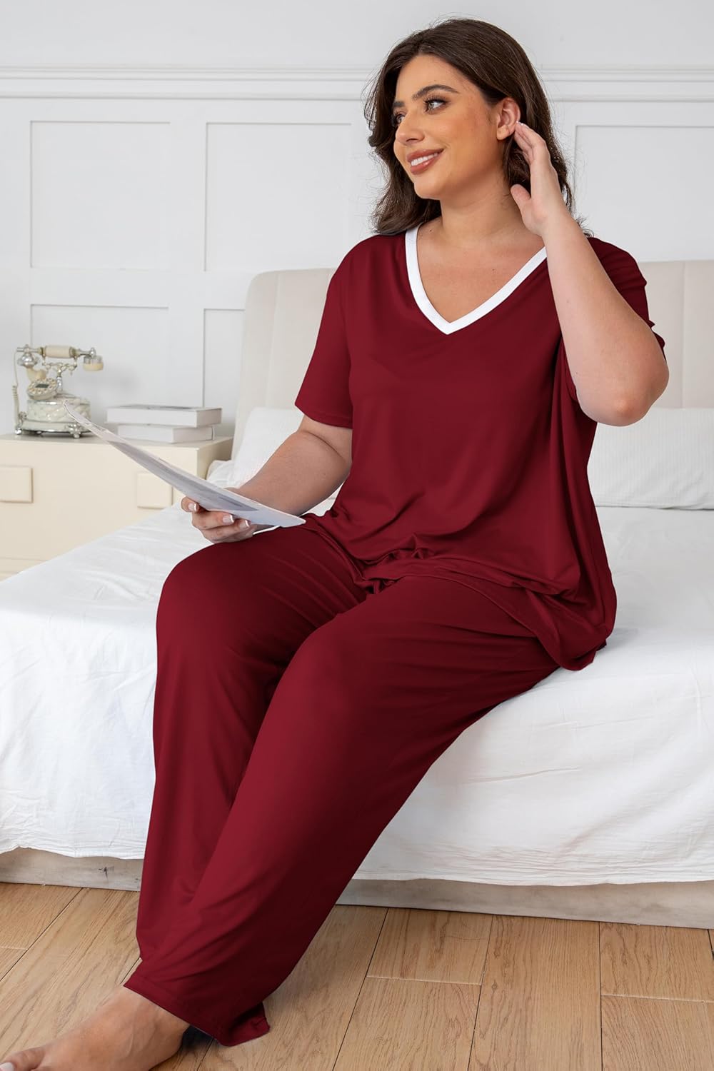 Plus Size Women Pajama Sets Short Sleeve Long Pants Solid Color Sleepwear V Neck Casual Lounge Sets Nighty - Image 5