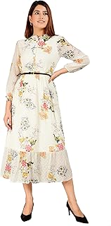 kashana Women's Poly-Chiffon Off-White Floral Print Western Empire Waist Dress