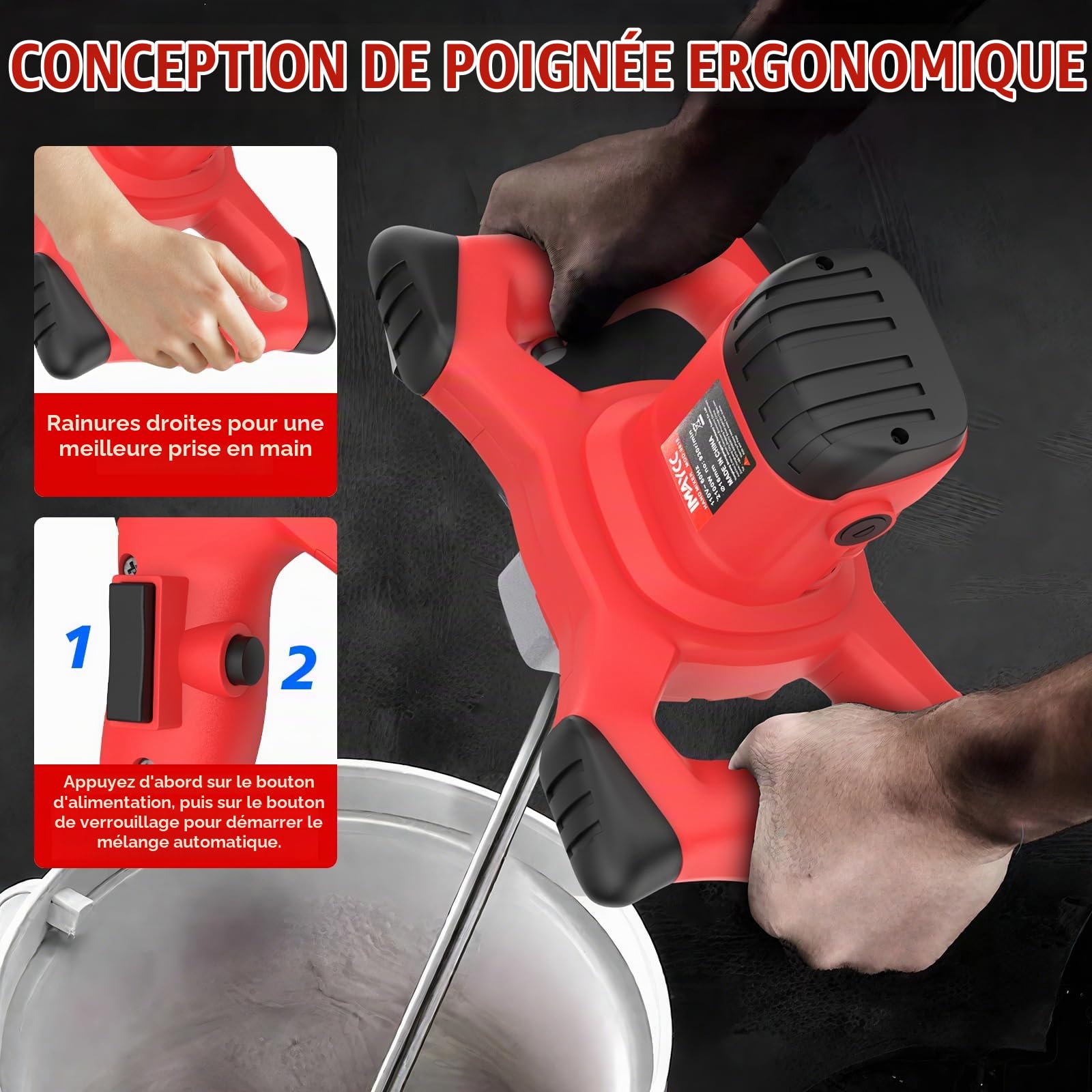 IMAYCC Malaxeur Mortier Colle 2100 W, Malaxeur Beton 220V, Melangeur Beton Avec 6 Vitesses, Betonniere Électrique, Idéal Pour Mélanger les Aliments, le Plâtre, la Peinture, le Ciment, le Mortier, Etc
