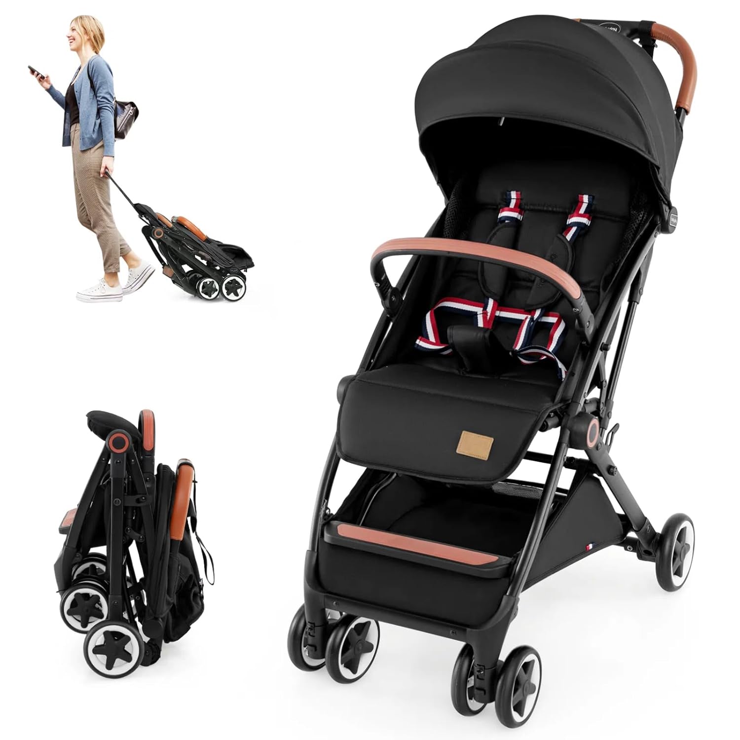 HONEY JOY Travel Stroller, One-Hand Quick Fold Lightweight Umbrella Stroller for Airplane, Wrist Wrap & Net, Multi-Position Recline, Overhead Friendly Compact Stroller for Newborn and Toddler(Black)