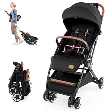 HONEY JOY Travel Stroller, One-Hand Quick Fold Lightweight Umbrella Stroller for Airplane, Wrist Wrap & Net, Multi-Position Recline, Overhead Friendly Compact Stroller for Newborn and ToddlerBlack