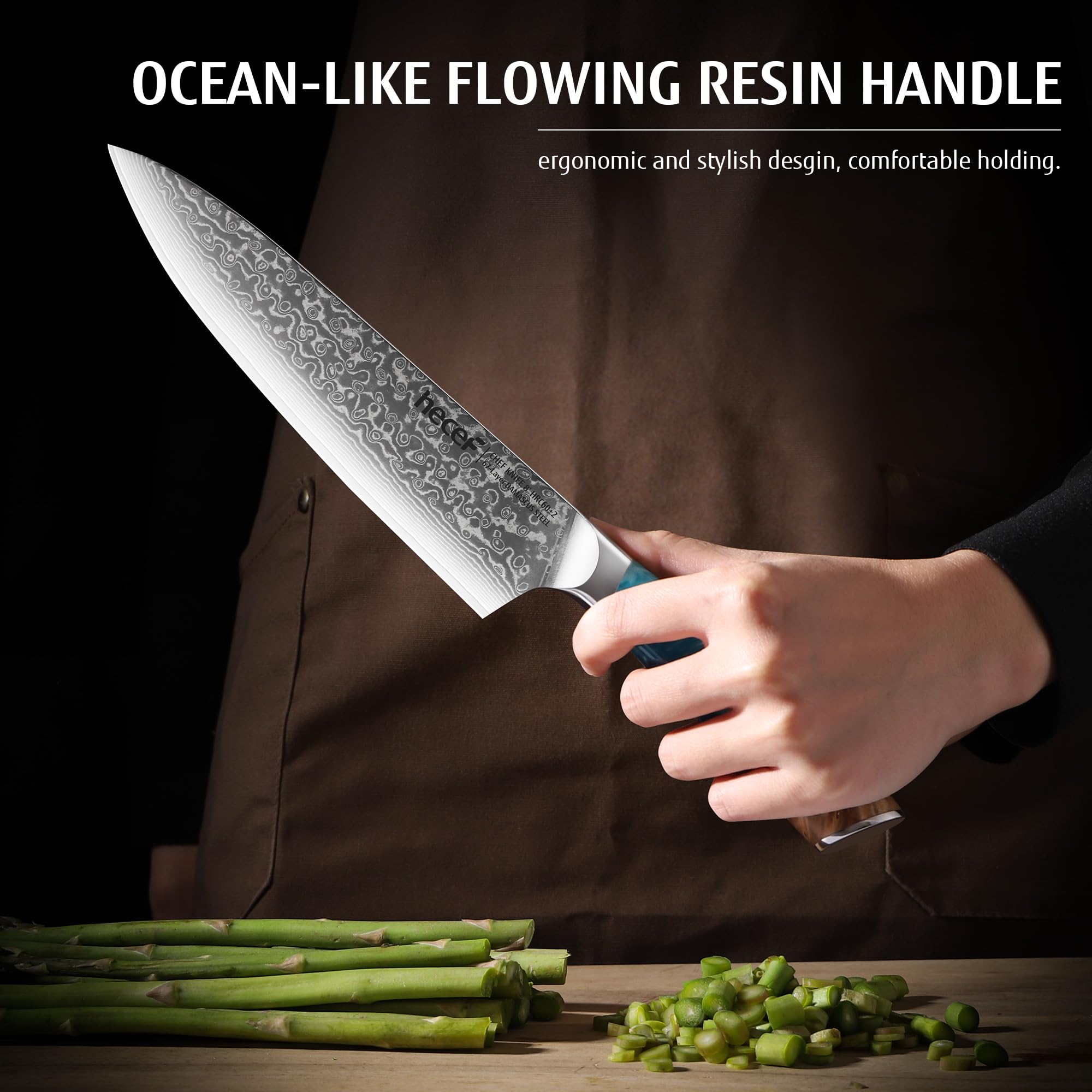 hecef Coltello Giapponese, 20 cm Coltello da Cucina Professionale con Manico Ergonomico in Resina, 67 Strati VG10 Coltello Damasco, Coltello Chef con Fodero Protettivo Della Lama