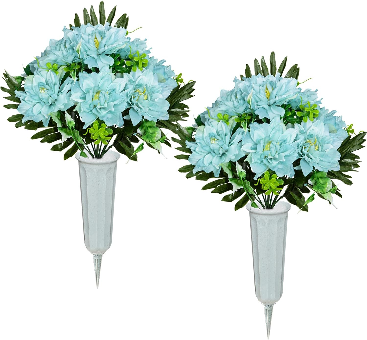 XONOR Artificial Cemetery Flowers for Grave, Set of 2 Artificial Dahlia Bouquet Memorial Flowers with Vase for Outdoor Cemetery Graveyard Decoration (Blue)