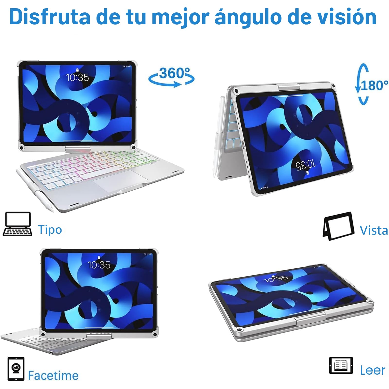 Funda con Teclado Español Rotación 360° para iPad Air 11" M2/M3/M4 (2026),Air 4/5 10.9", iPad 10th /11th A16, iPad Pro 11" (2018-2022),Retroiluminado,Trackpad Click-Plateado